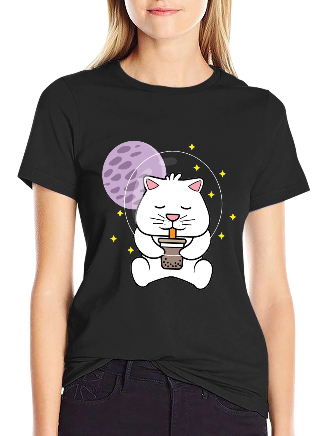 Astronaut Cat Boba Tea Graphic T-Shirt