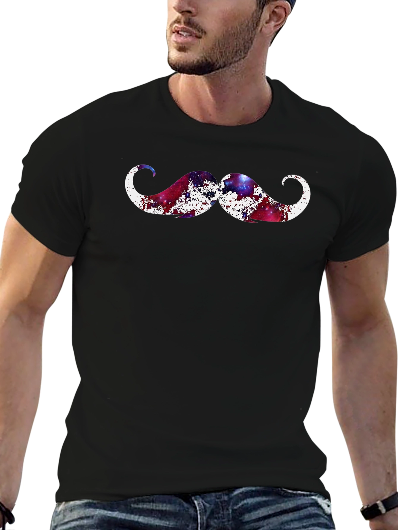 Cosmic Mustache Graphic Tee - Black Cotton T-Shirt
