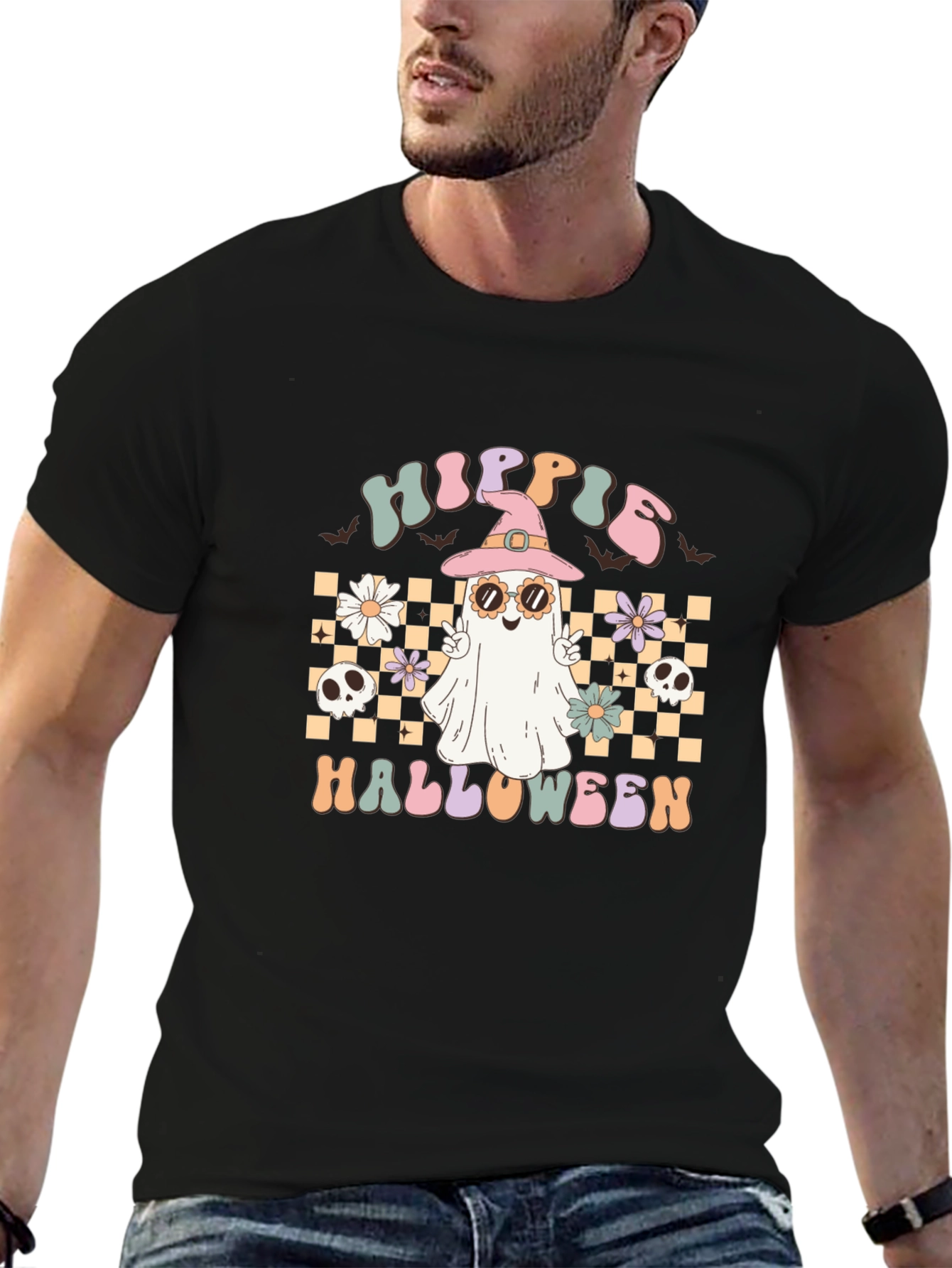 Hippie Halloween Graphic Tee - Retro Ghost Witch T-Shirt