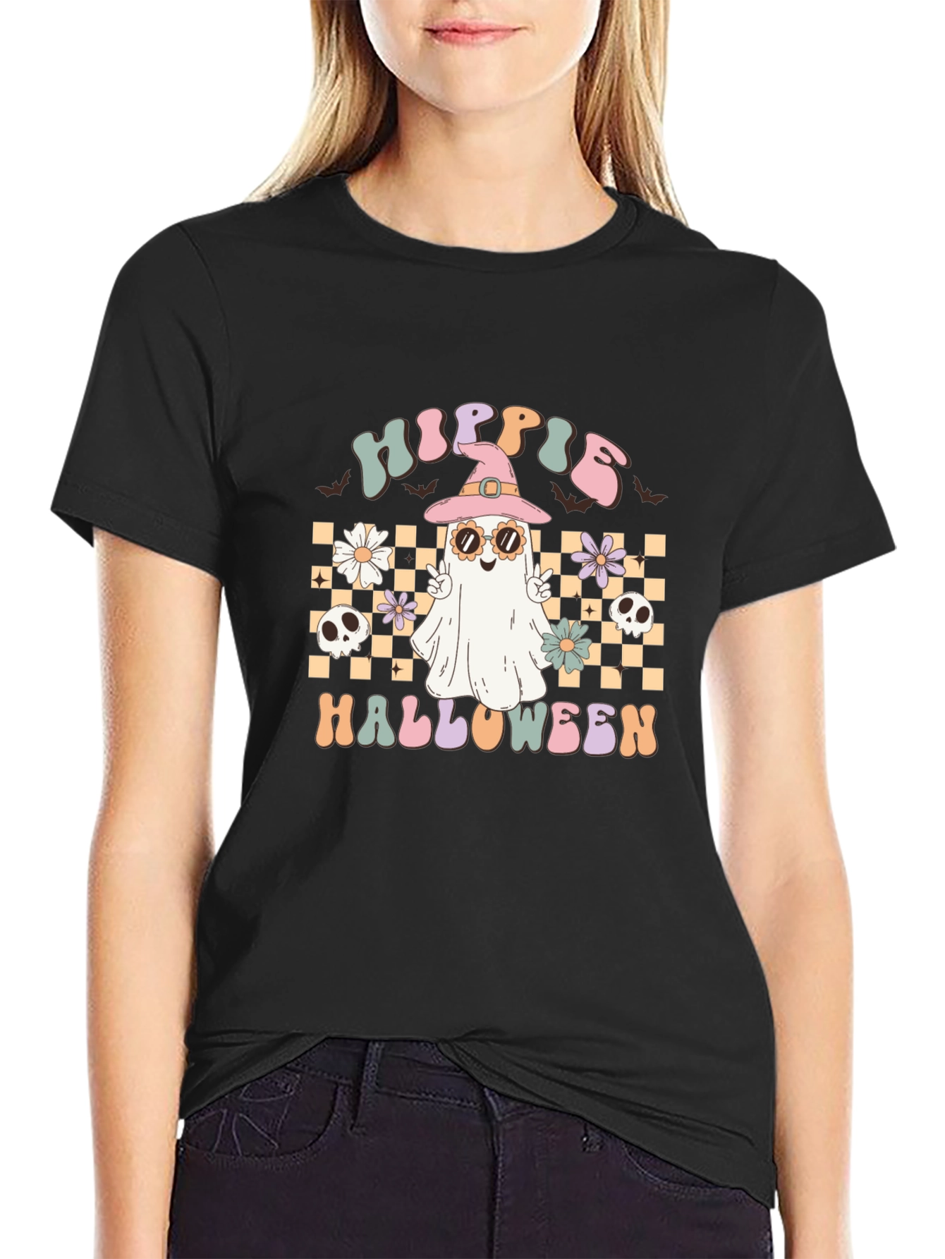 Hippie Halloween Graphic Tee - Retro Ghost Witch T-Shirt