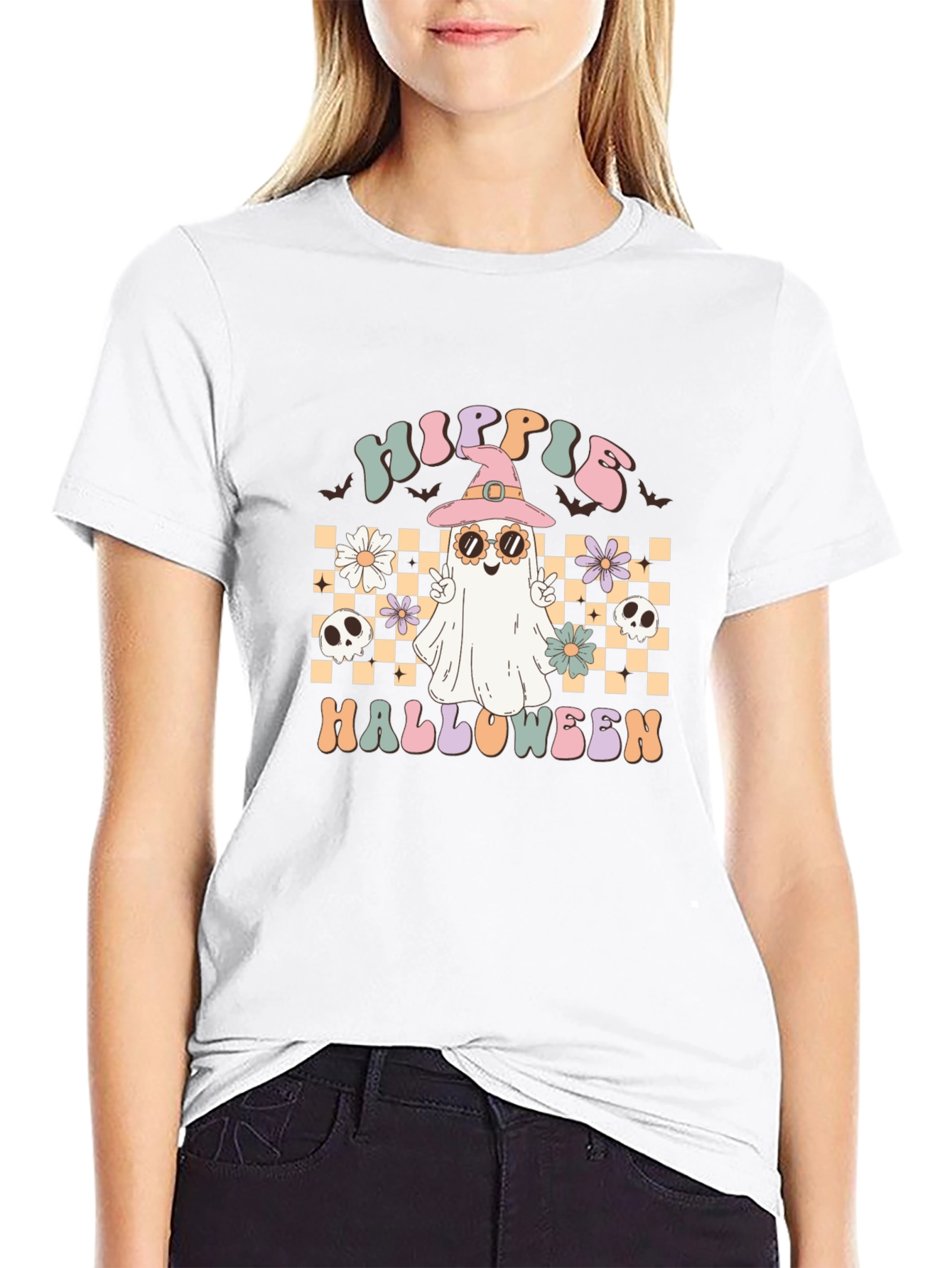 Hippie Halloween Graphic Tee - Retro Ghost Witch T-Shirt