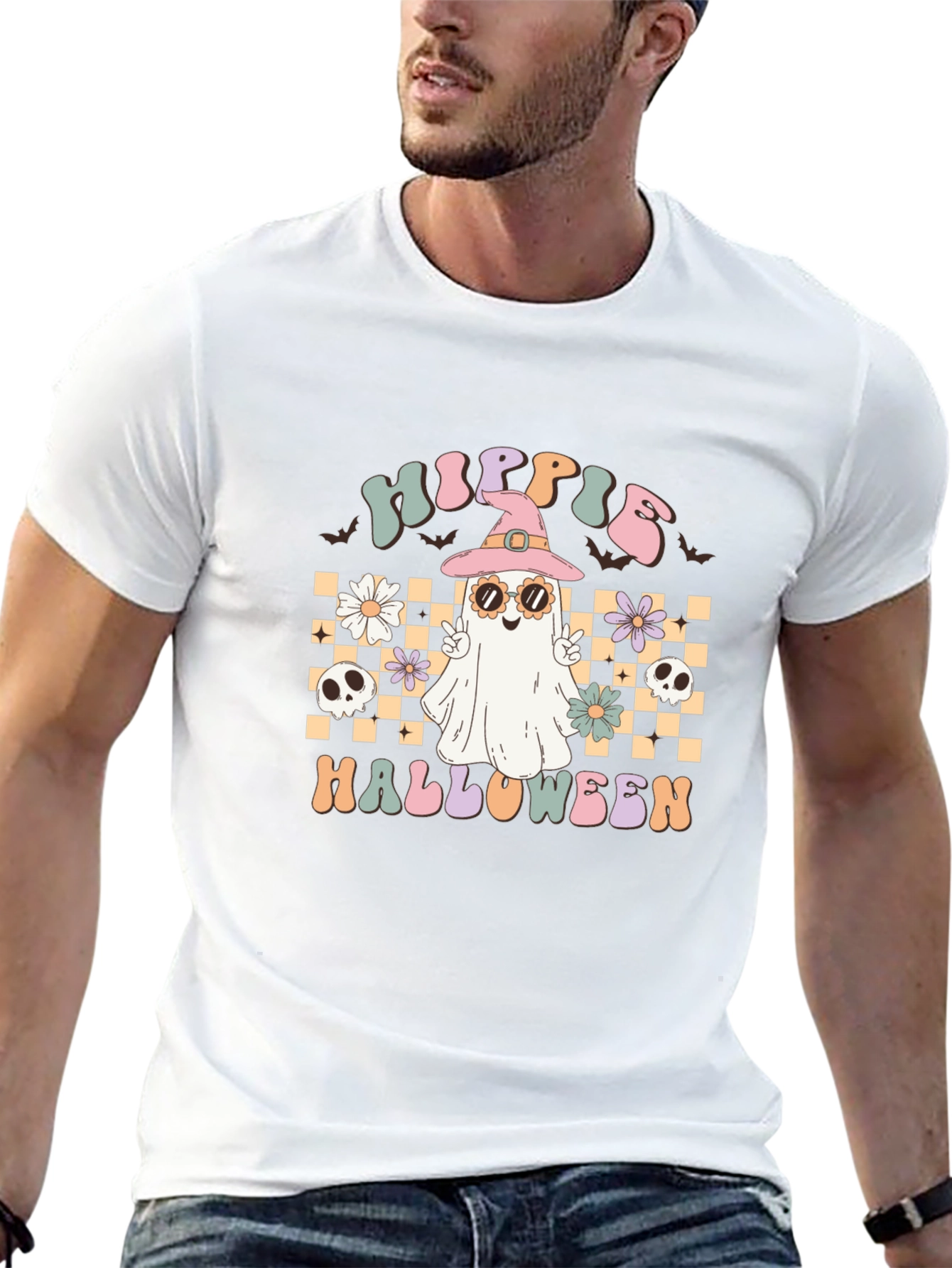 Hippie Halloween Graphic Tee - Retro Ghost Witch T-Shirt
