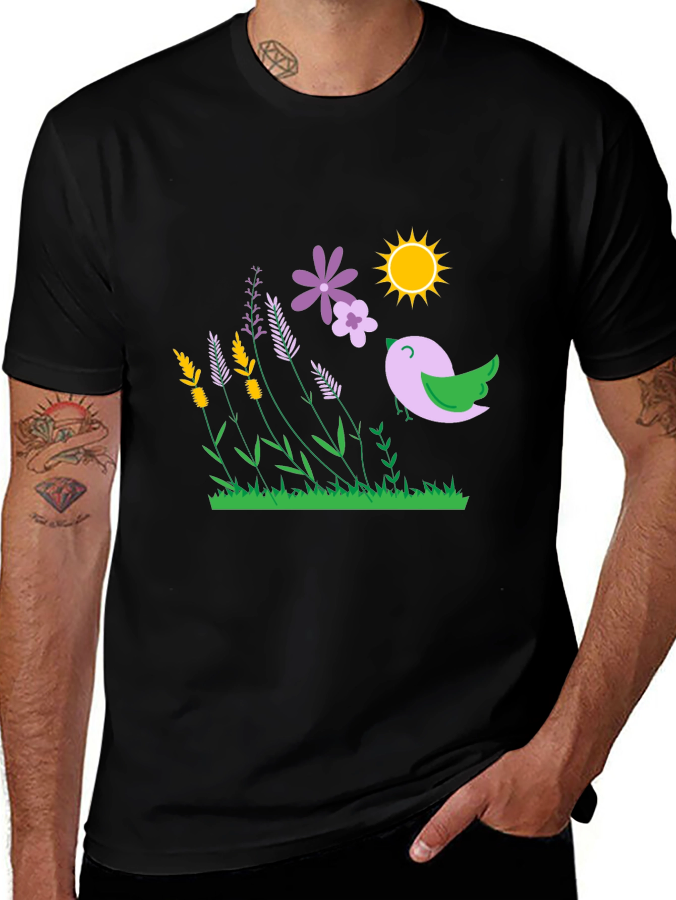 Floral Bird T-Shirt - Black Graphic Tee