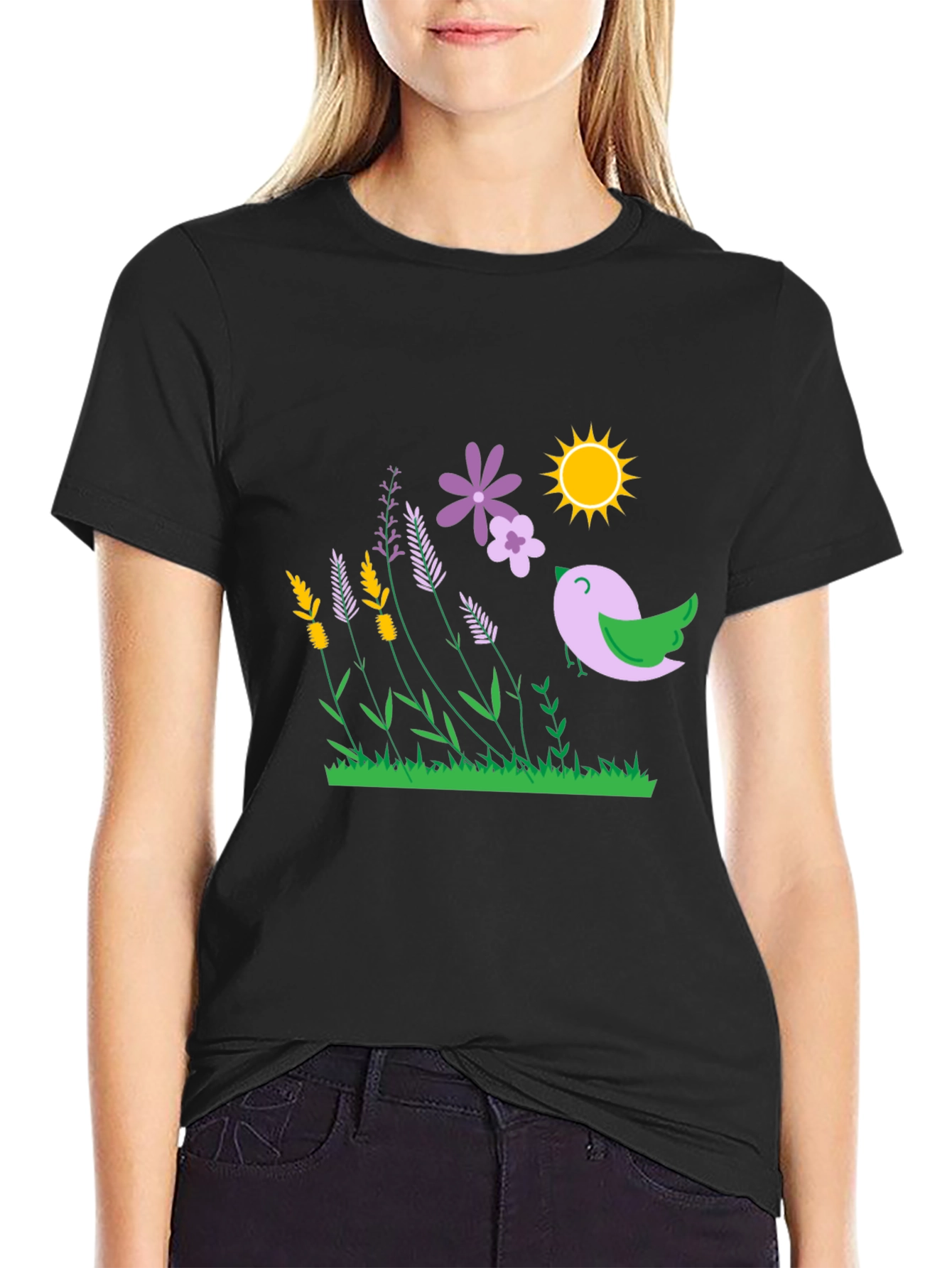 Floral Bird T-Shirt - Black Graphic Tee