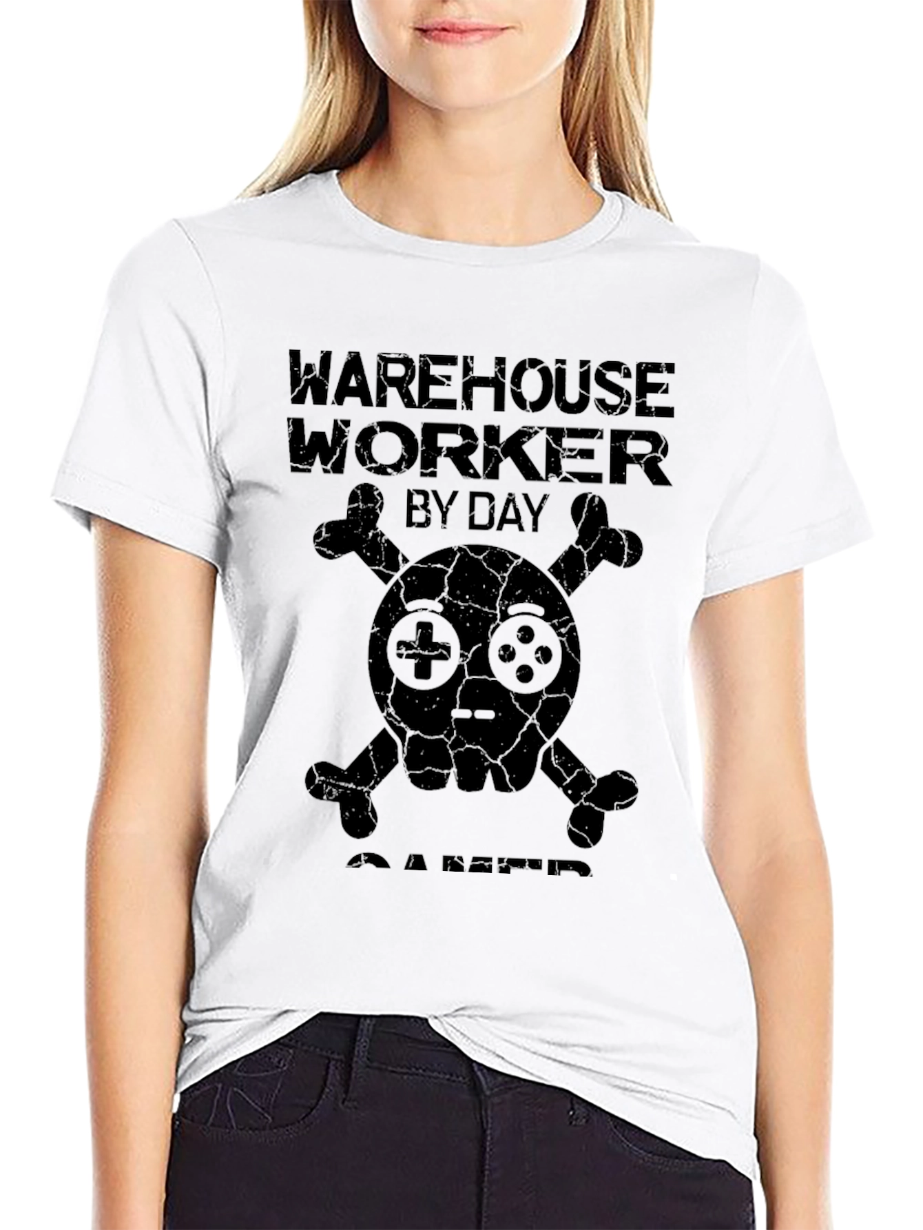 Warehouse Worker Gamer T-Shirt: Skull & Controller Design