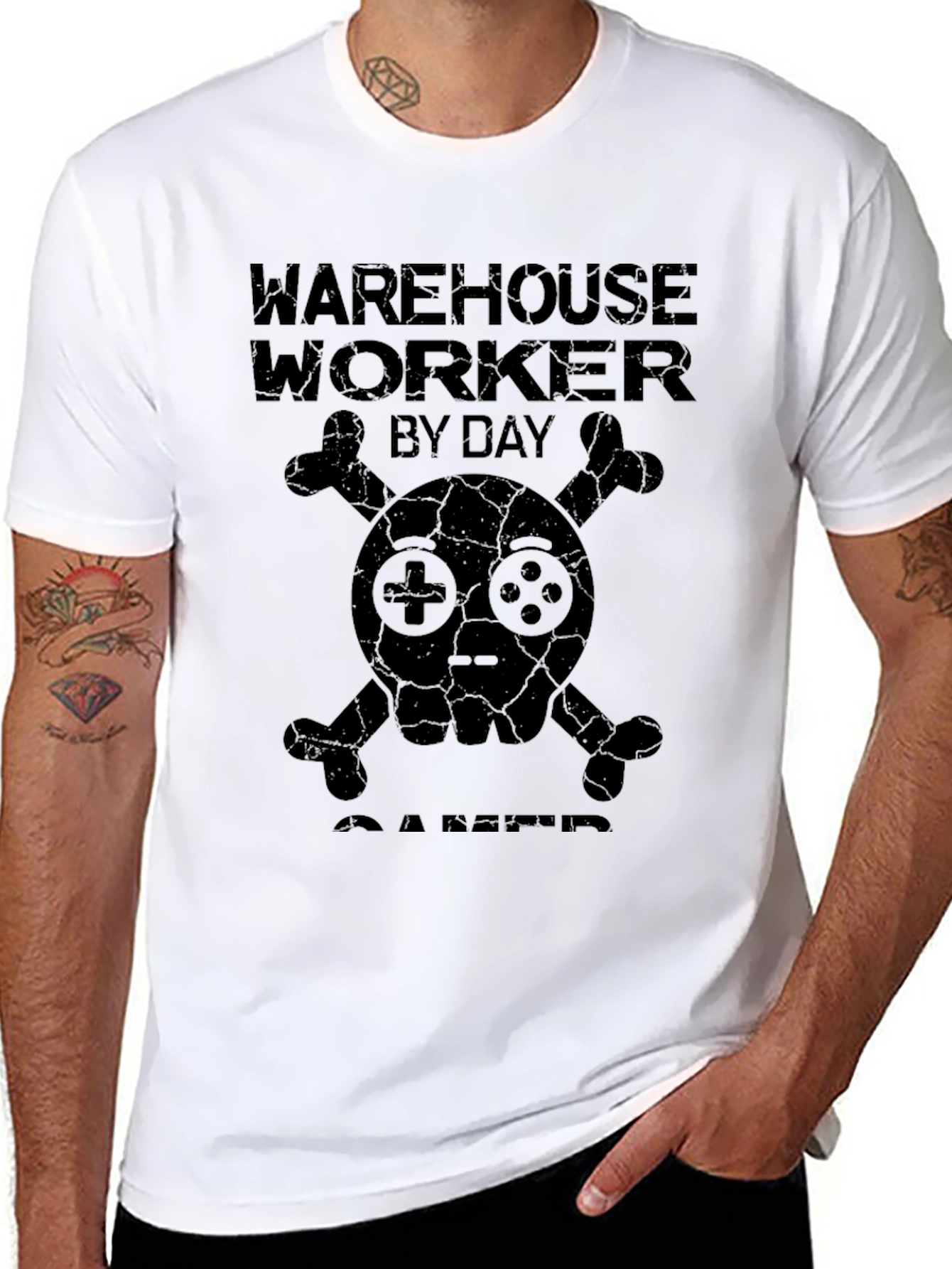 Warehouse Worker Gamer T-Shirt: Skull & Controller Design