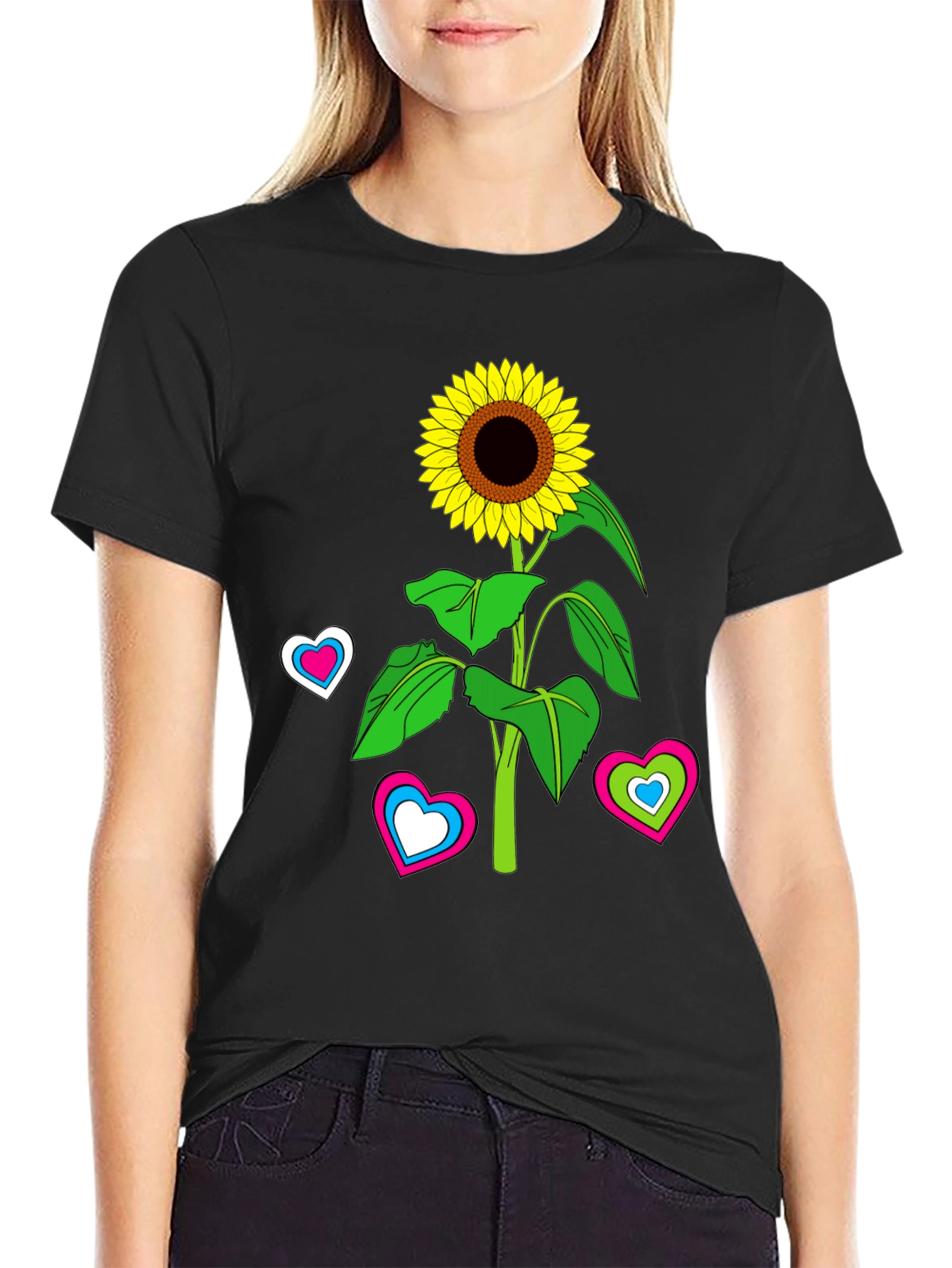 Sunflower Heart Graphic Tee - Black Cotton Blend T-Shirt