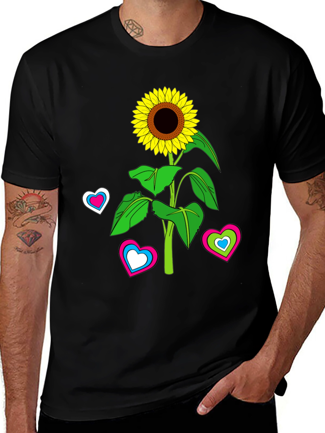 Sunflower Heart Graphic Tee - Black Cotton Blend T-Shirt