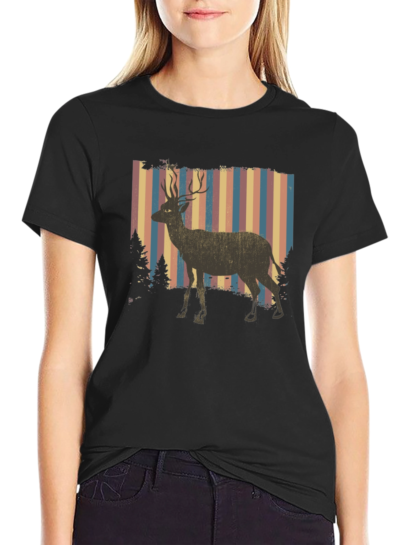 Retro Deer Graphic Tee - Black