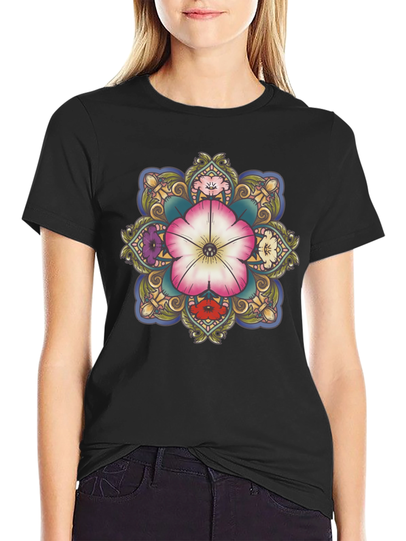 Floral Mandala Graphic T-Shirt - Black
