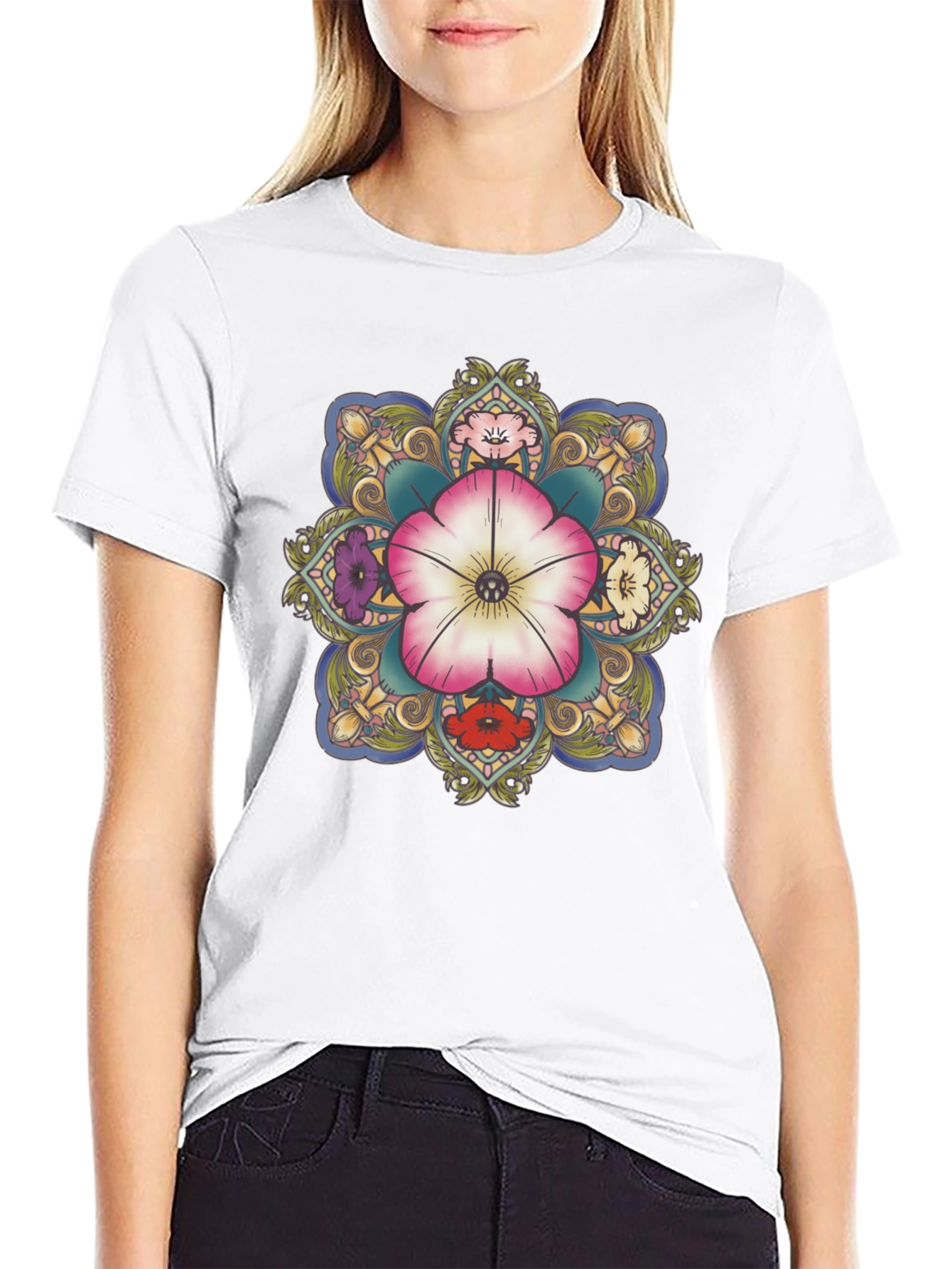 Floral Mandala Graphic T-Shirt - Black