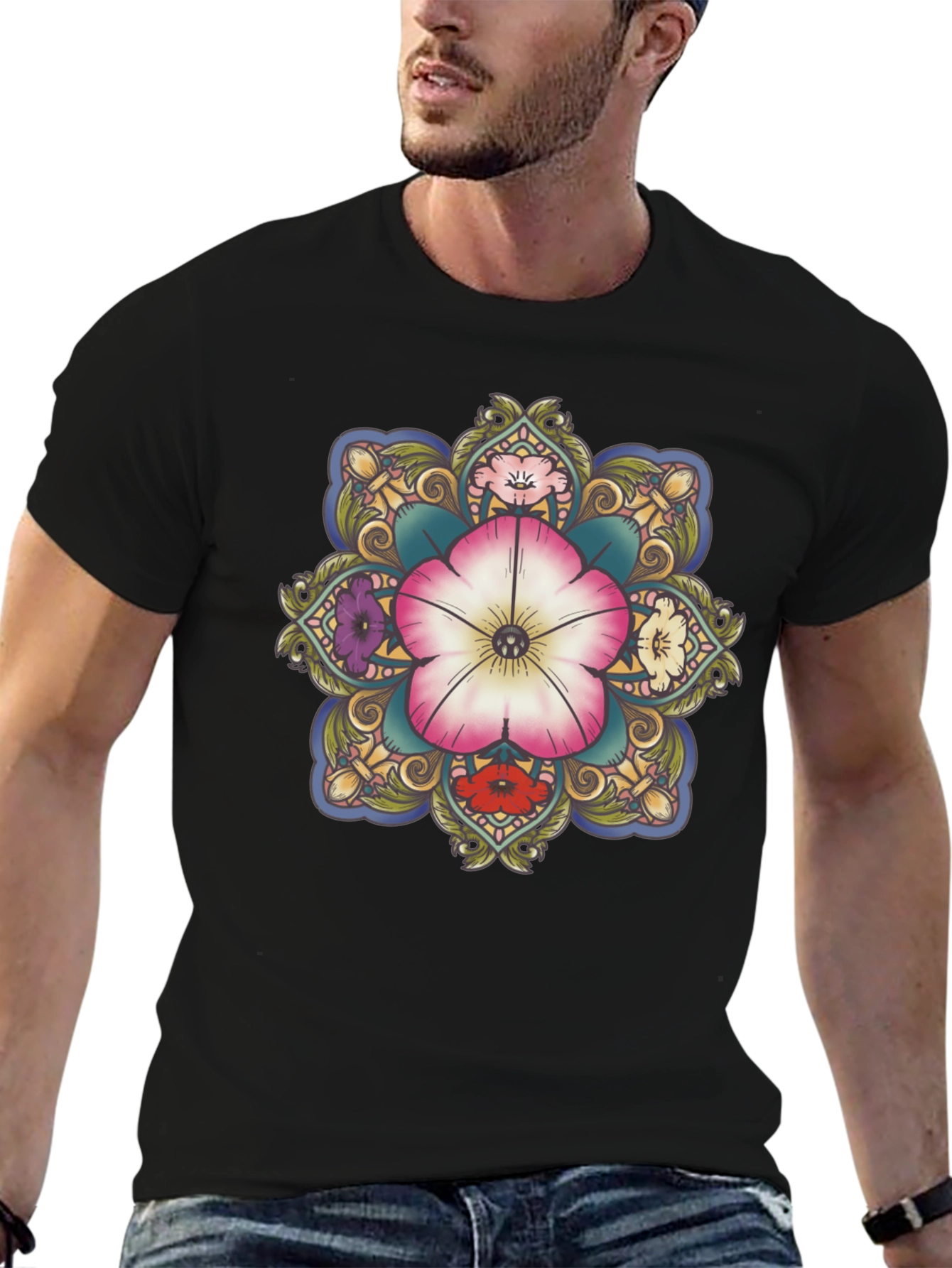 Floral Mandala Graphic T-Shirt - Black