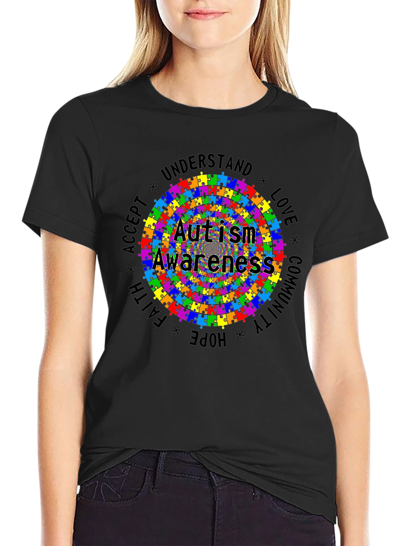 Autism Awareness Puzzle Piece Graphic Tee - Black