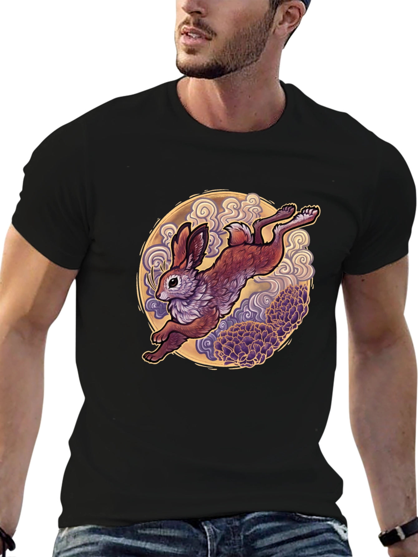 Rabbit Moon Graphic Tee - Black Cotton T-Shirt
