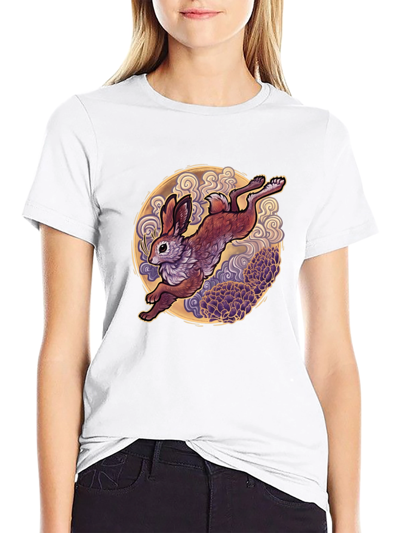 Rabbit Moon Graphic Tee - Black Cotton T-Shirt