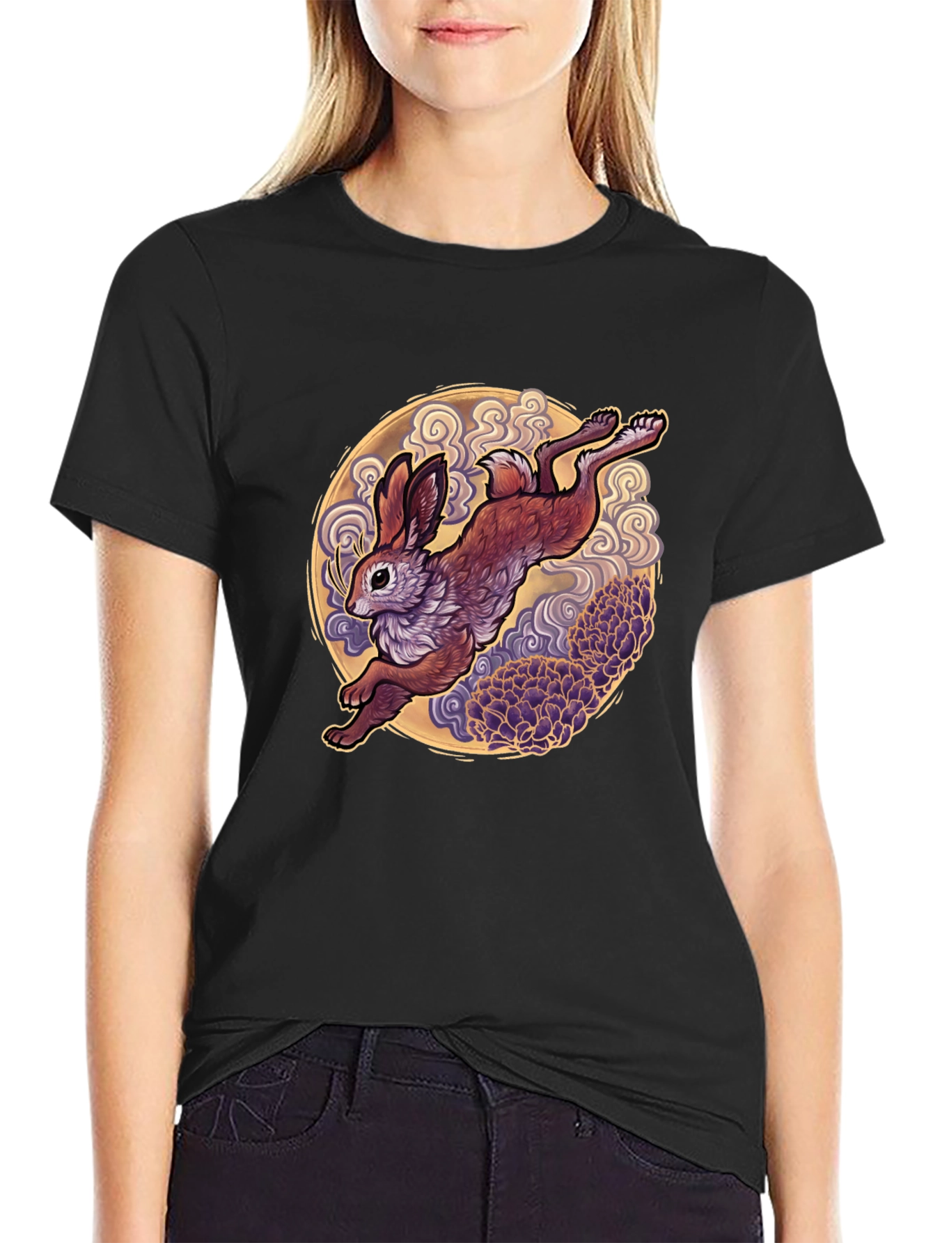 Rabbit Moon Graphic Tee - Black Cotton T-Shirt