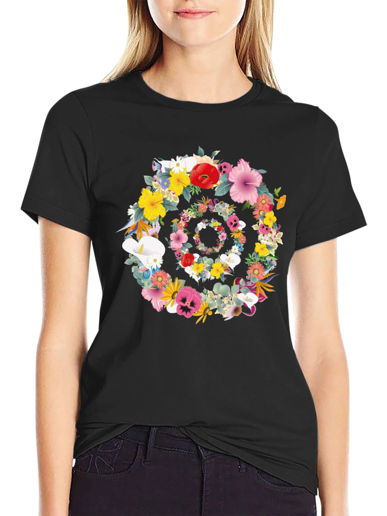 Floral Swirl Graphic Tee - Stylish Black T-Shirt