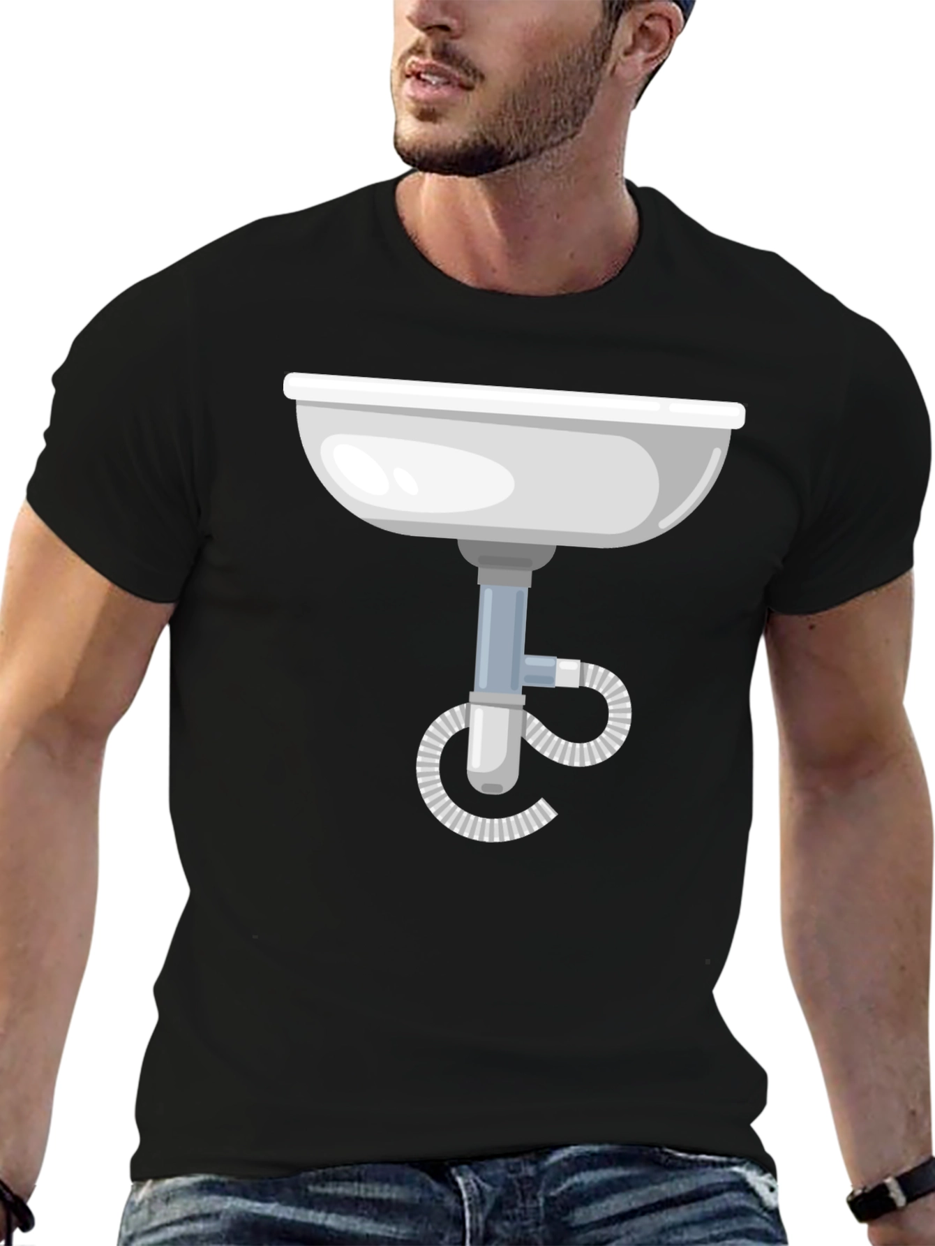 Funny Plumbing Sink Graphic Tee - Black Cotton T-Shirt