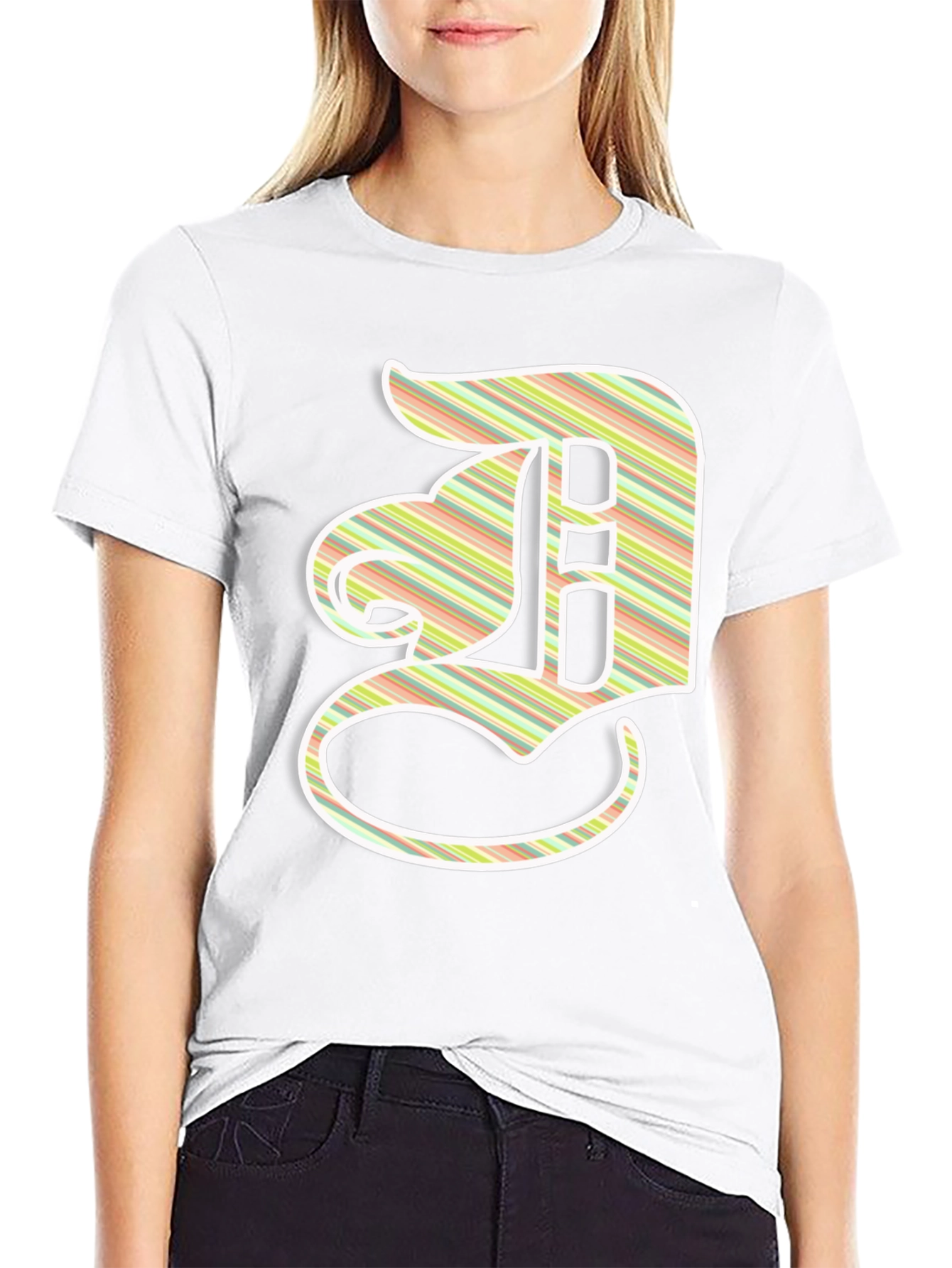 Striped Letter D Graphic Tee - Casual Black T-Shirt