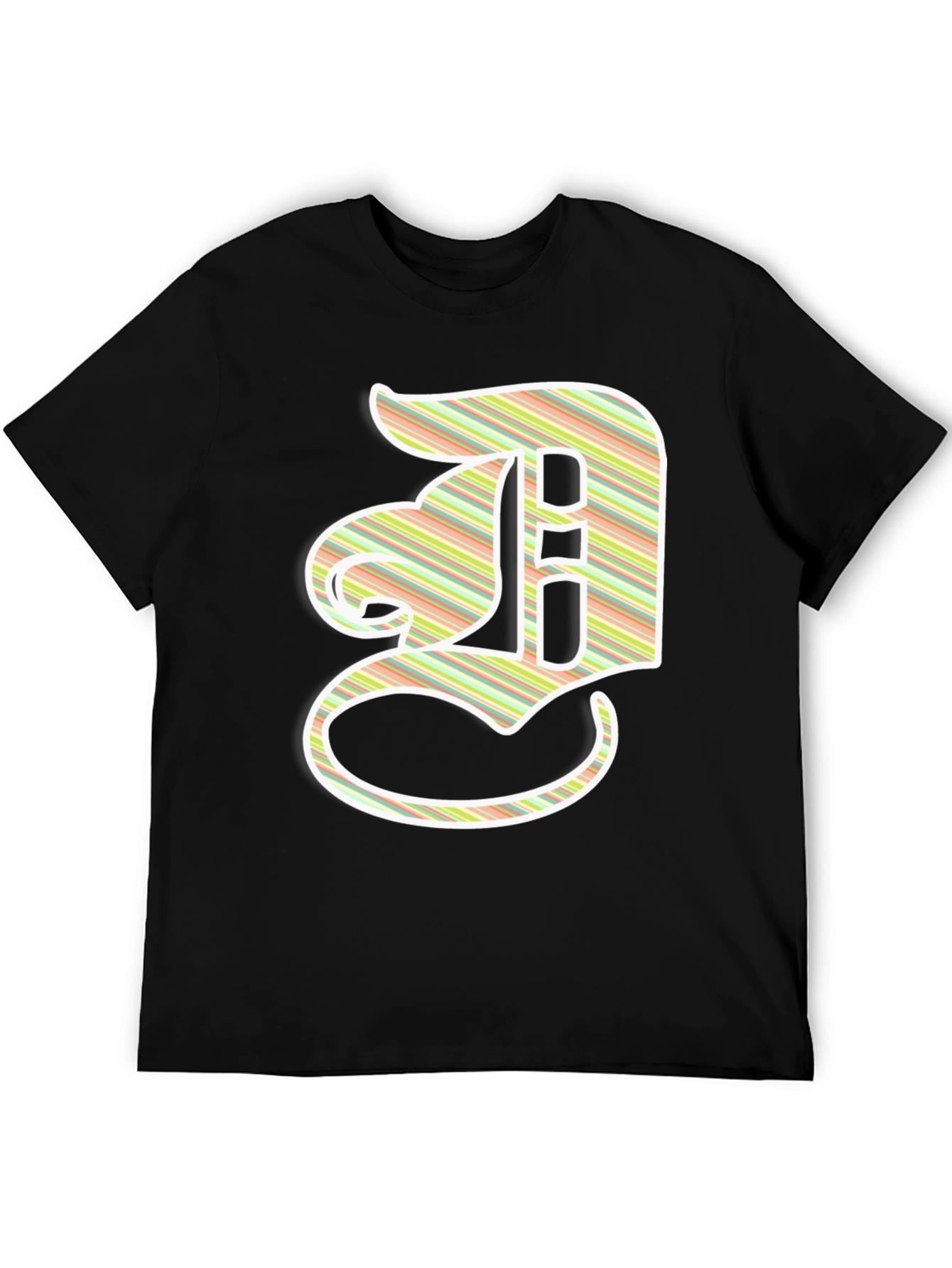 Striped Letter D Graphic Tee - Casual Black T-Shirt