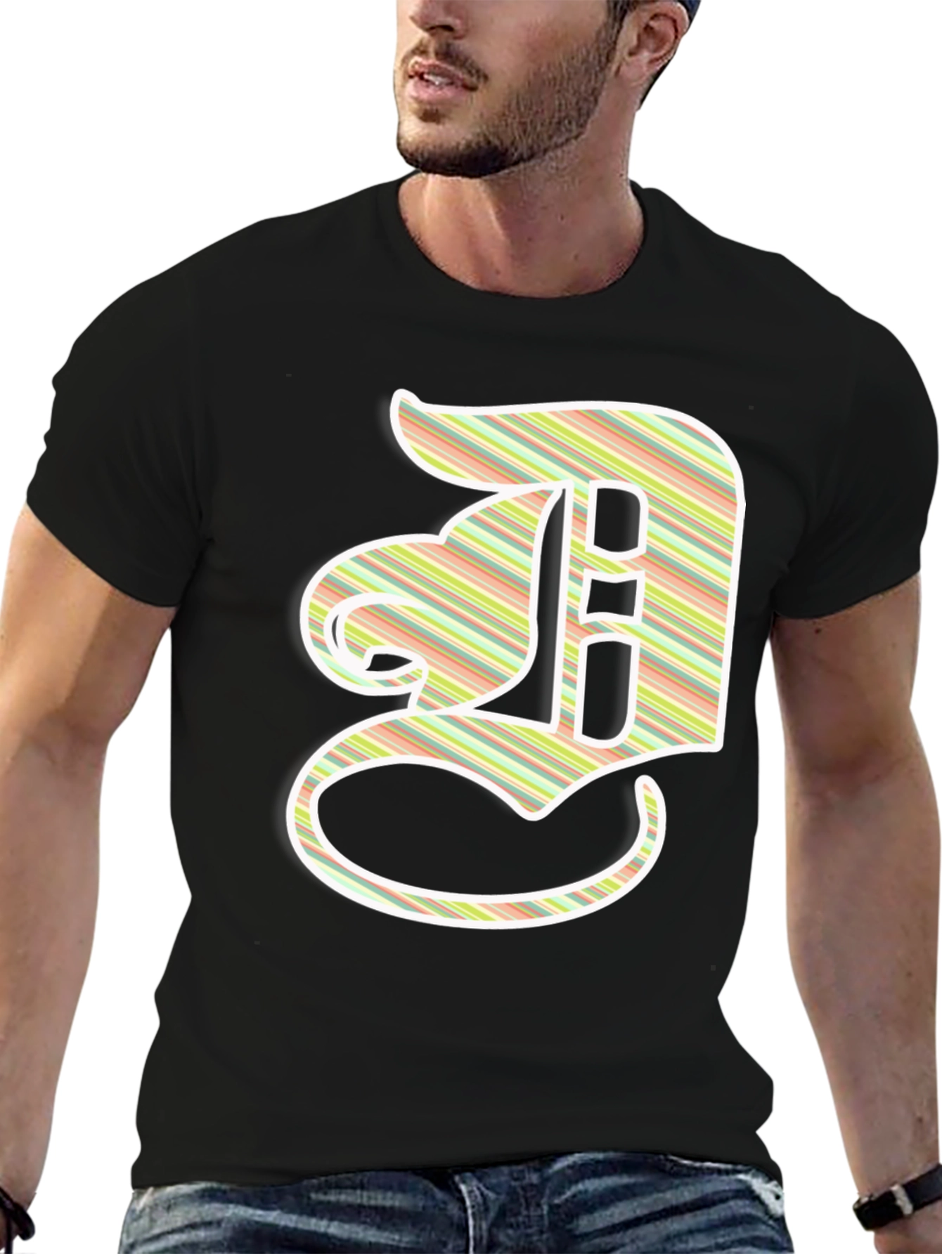 Striped Letter D Graphic Tee - Casual Black T-Shirt