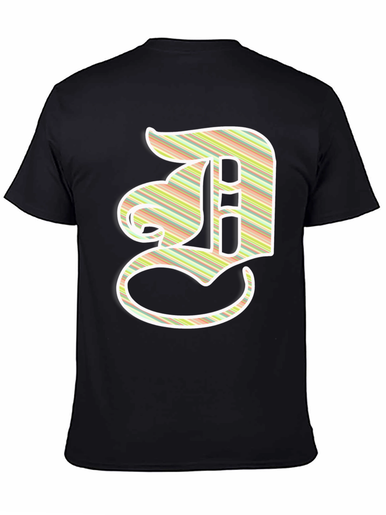Striped Letter D Graphic Tee - Casual Black T-Shirt