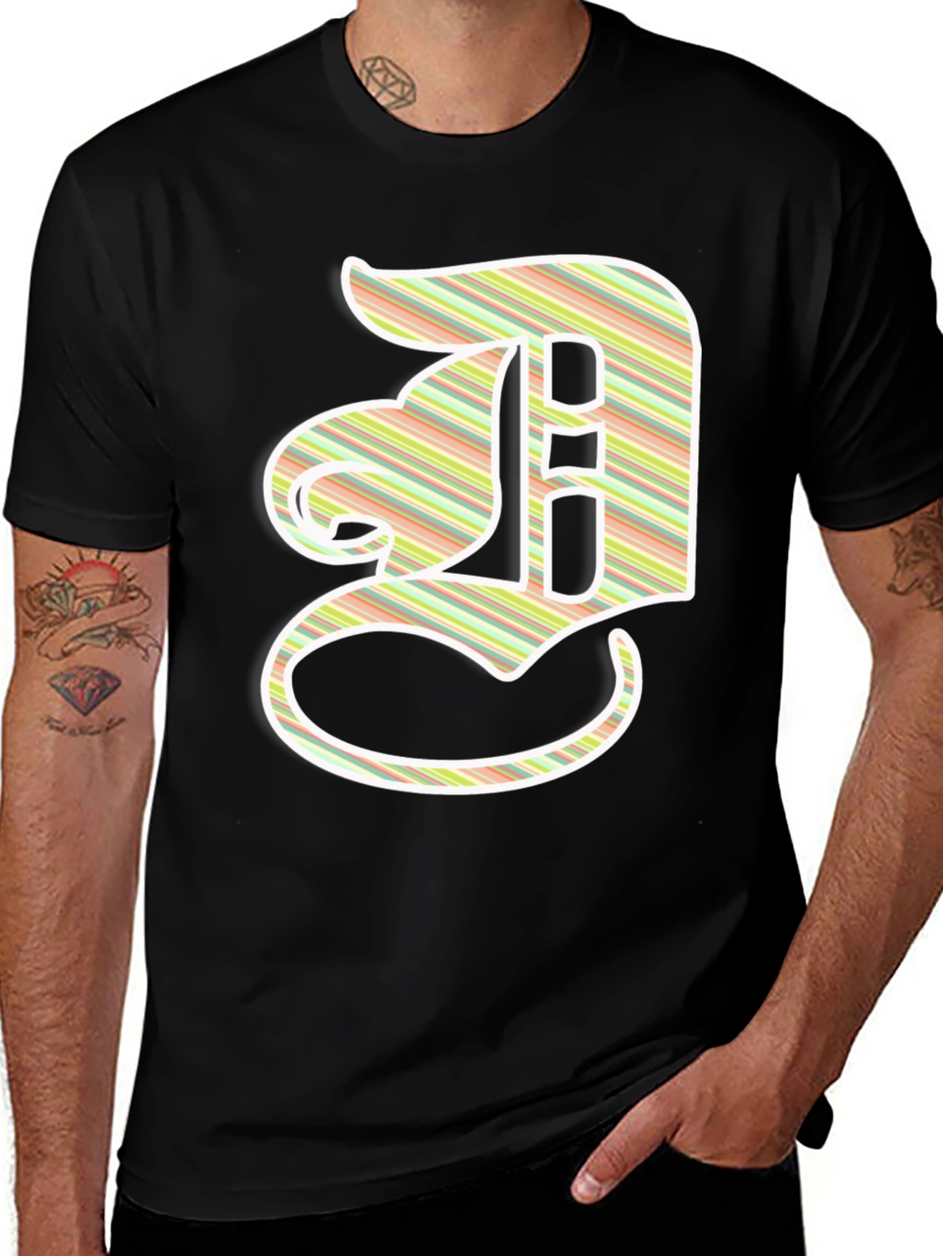 Striped Letter D Graphic Tee - Casual Black T-Shirt