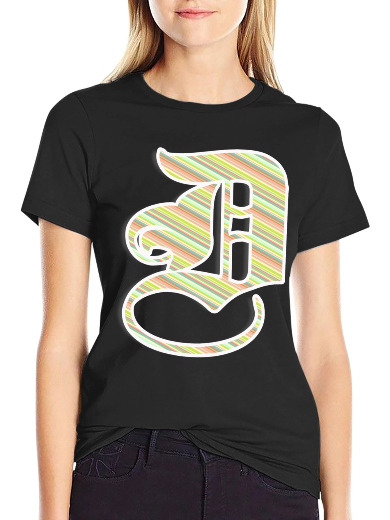 Striped Letter D Graphic Tee - Casual Black T-Shirt