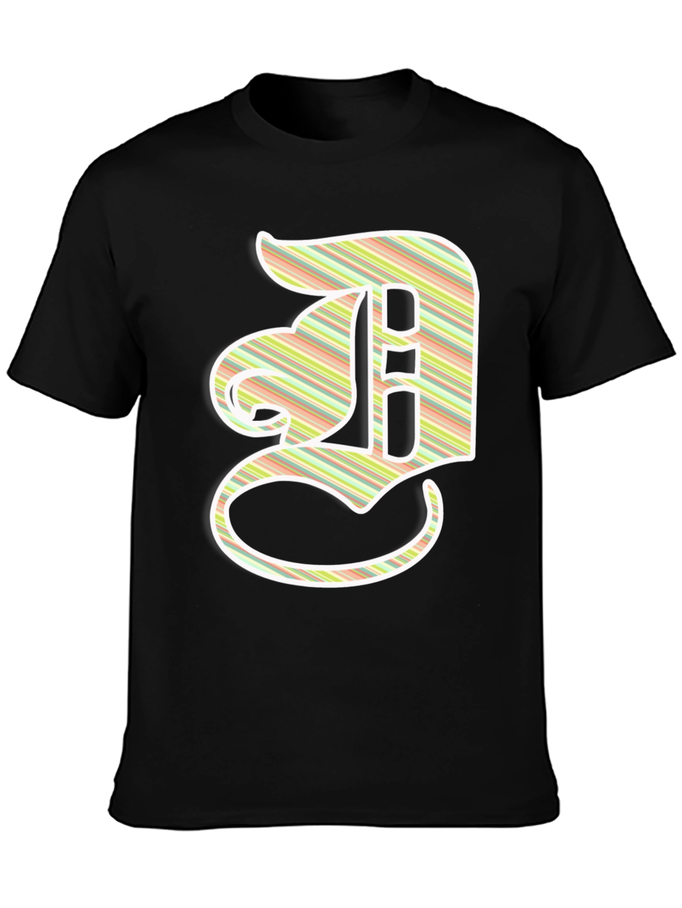 Striped Letter D Graphic Tee - Casual Black T-Shirt