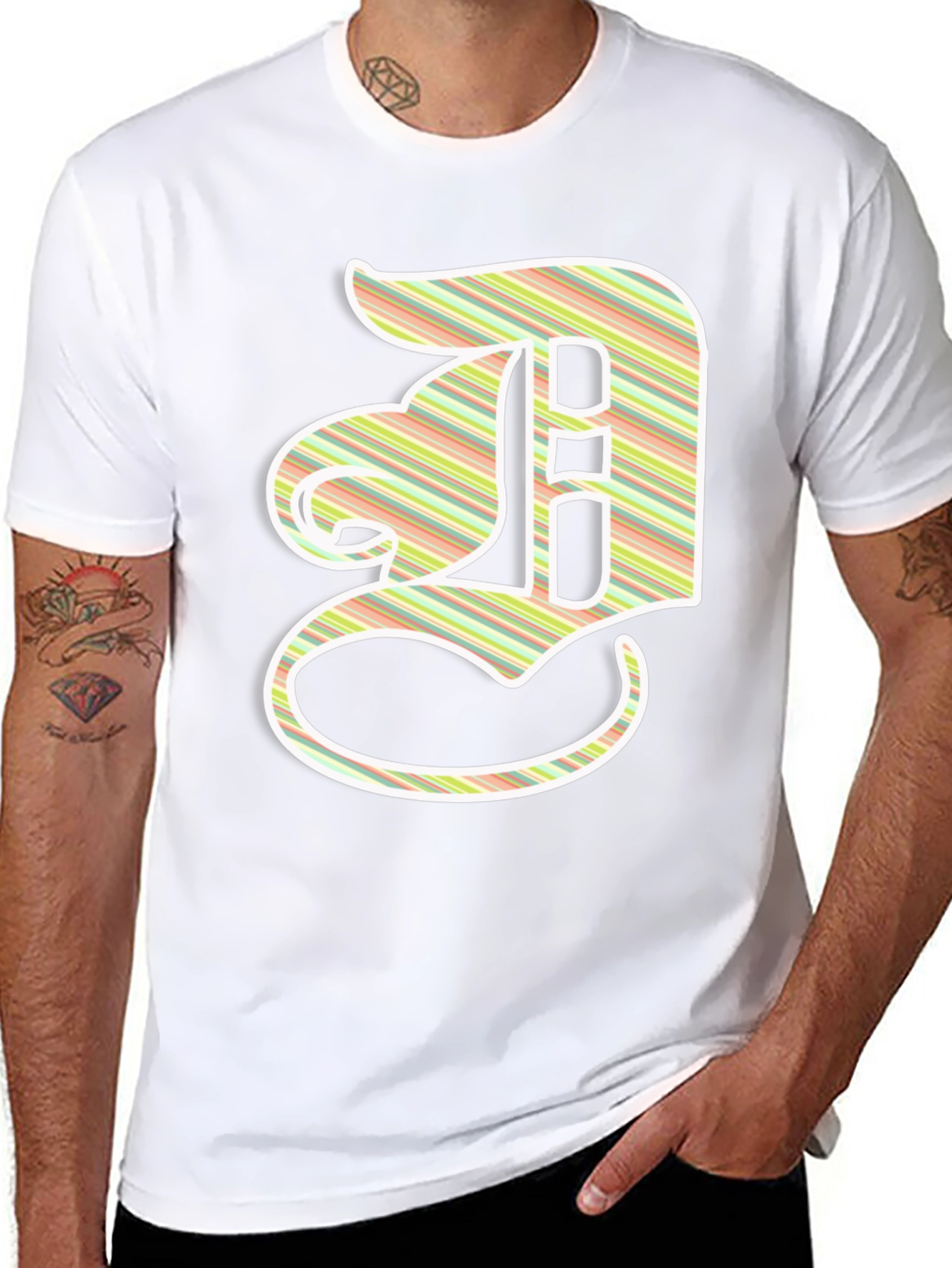 Striped Letter D Graphic Tee - Casual Black T-Shirt