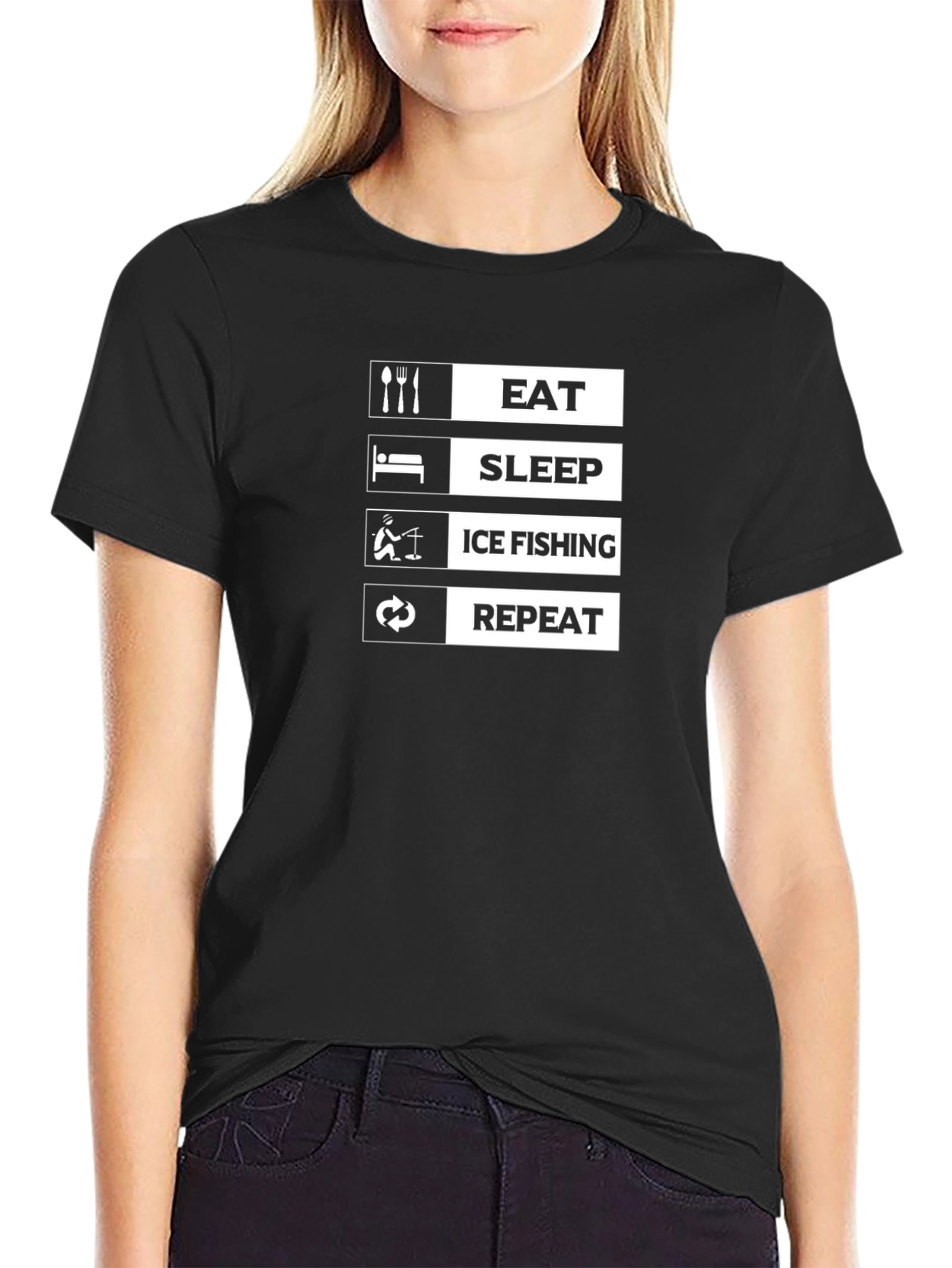 Eat Sleep Ice Fishing Repeat Black T-Shirt