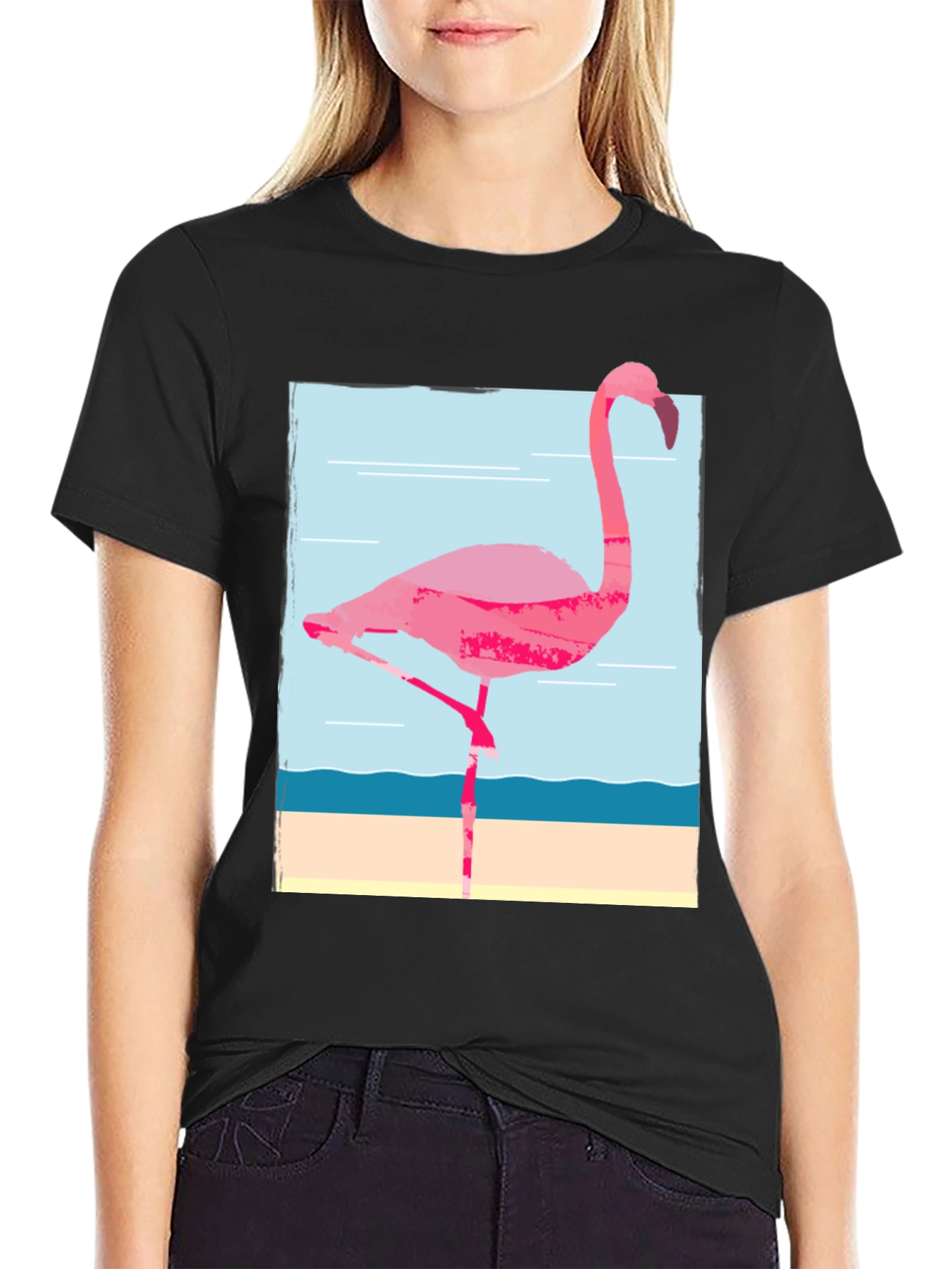 Flamingo Graphic Tee - Black Cotton T-Shirt