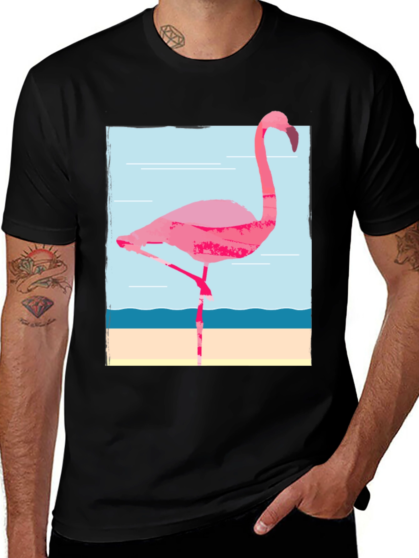 Flamingo Graphic Tee - Black Cotton T-Shirt