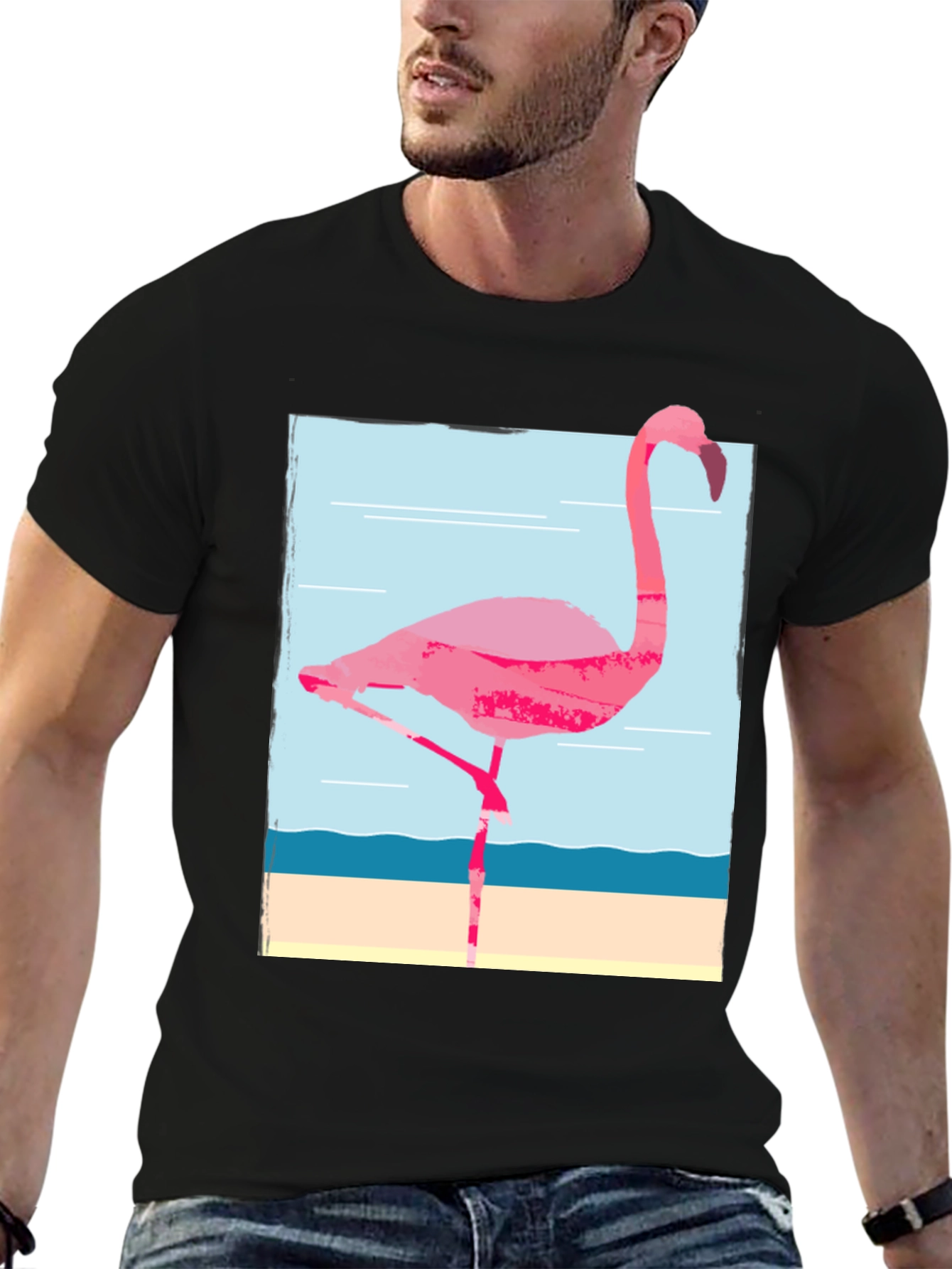 Flamingo Graphic Tee - Black Cotton T-Shirt