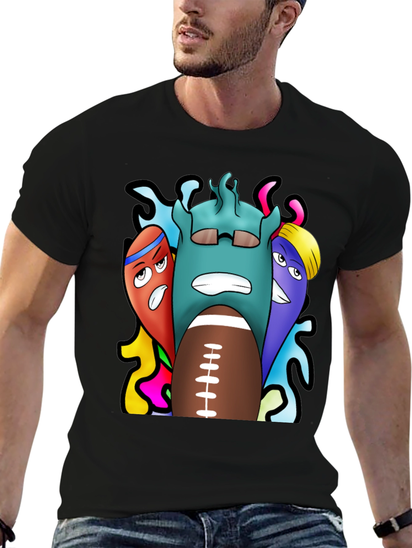 Cartoon Football Graphic Tee - Black