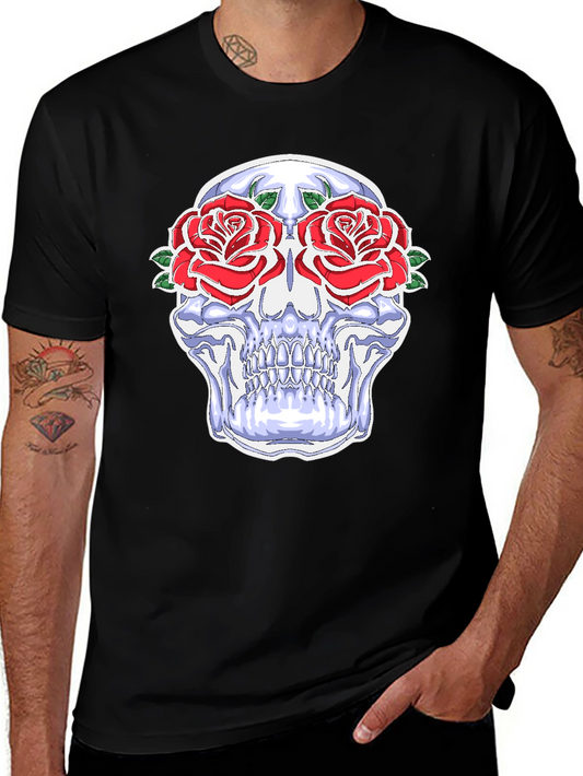 Skull & Roses Graphic Tee - Bold Black Cotton Comfort