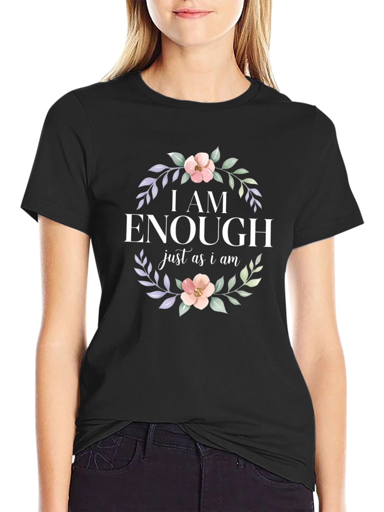 I AM ENOUGH Floral Graphic Tee - Black