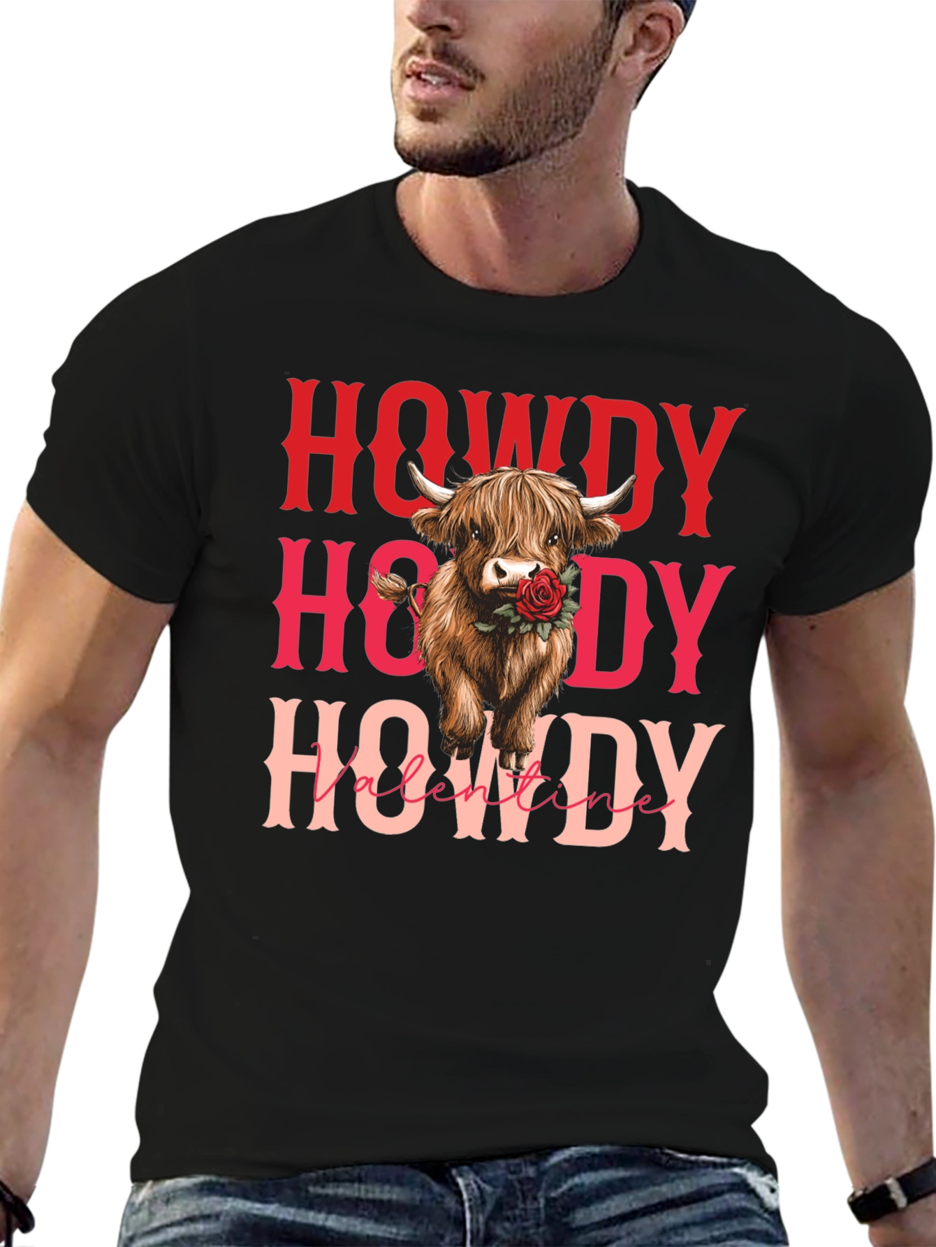 Howdy Valentine Cow Graphic Tee - Black