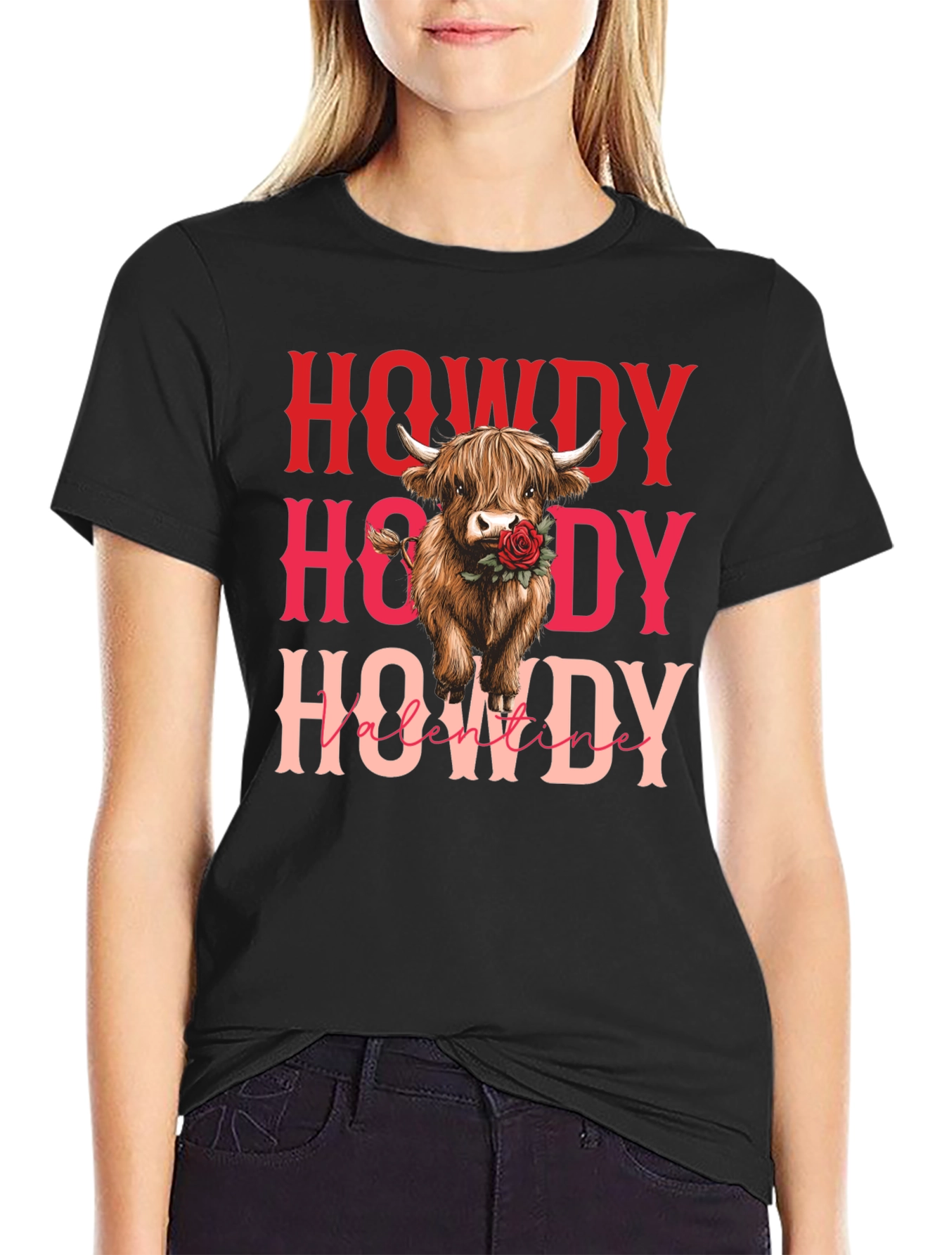 Howdy Valentine Cow Graphic Tee - Black
