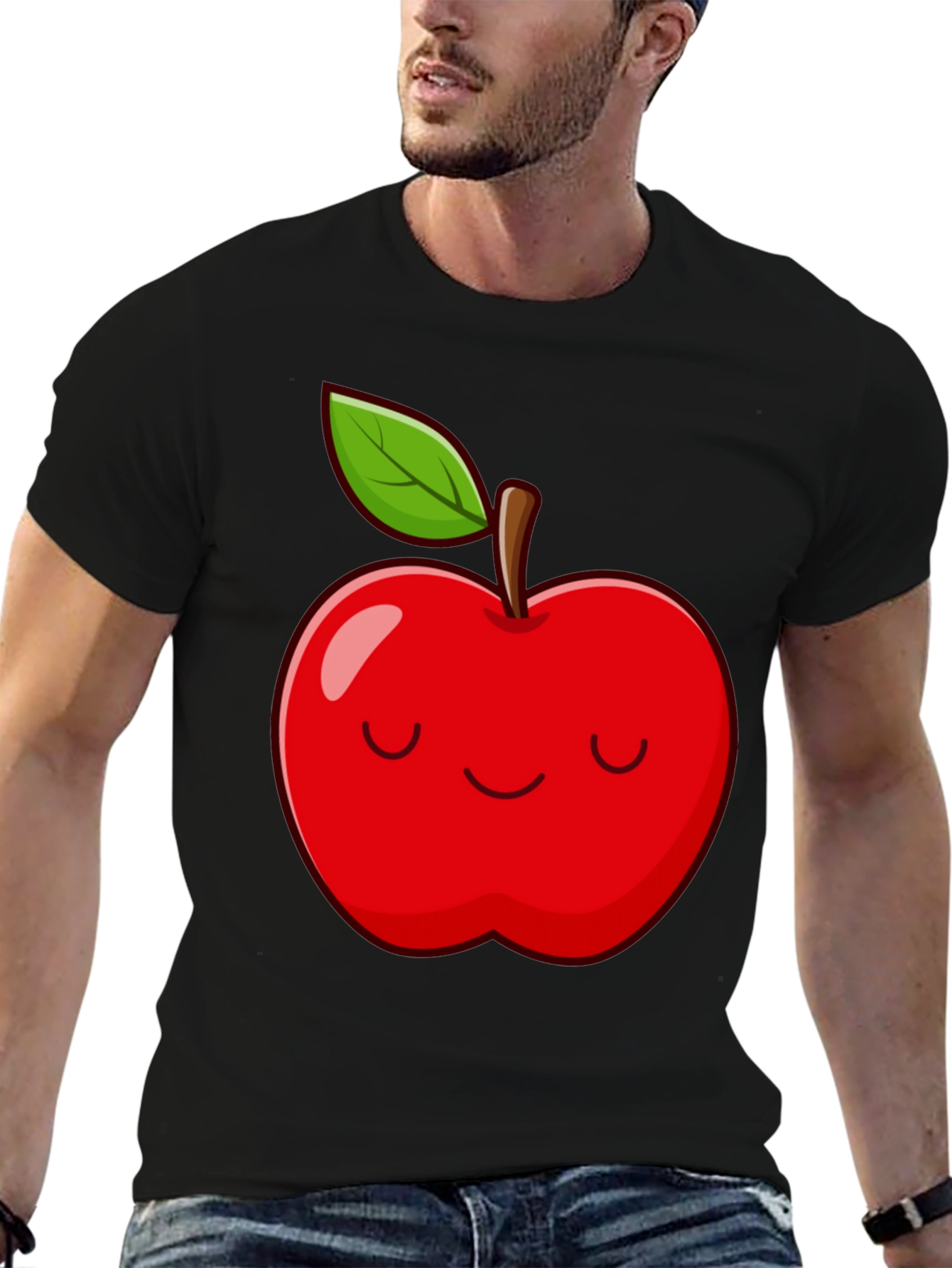 Smiling Apple Graphic Tee - Comfy Casual Black T-Shirt