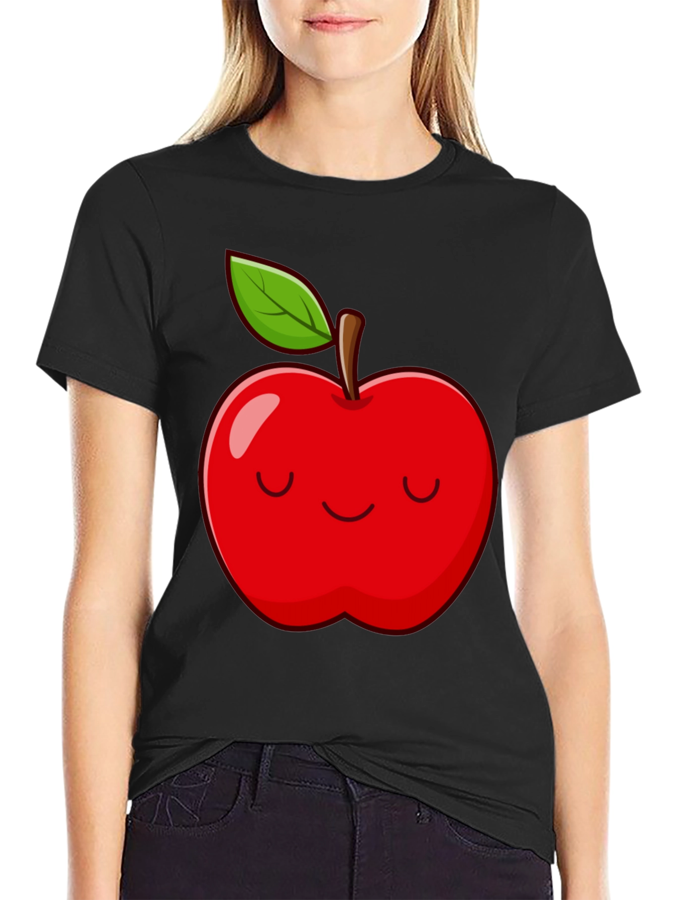 Smiling Apple Graphic Tee - Comfy Casual Black T-Shirt