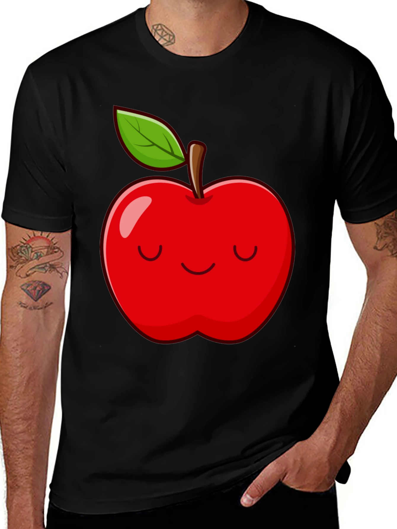 Smiling Apple Graphic Tee - Comfy Casual Black T-Shirt