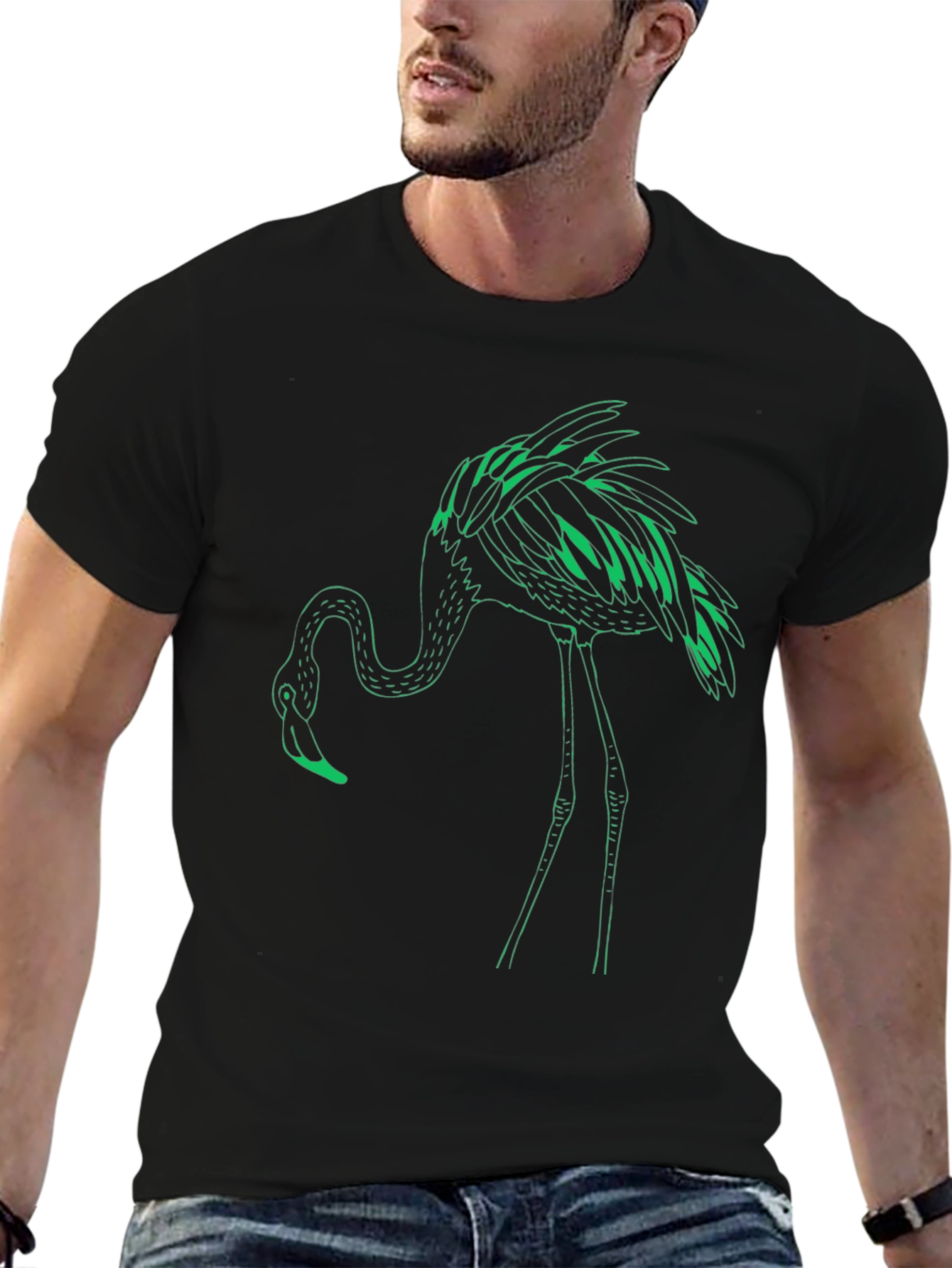 Black T-Shirt with Green Flamingo Design