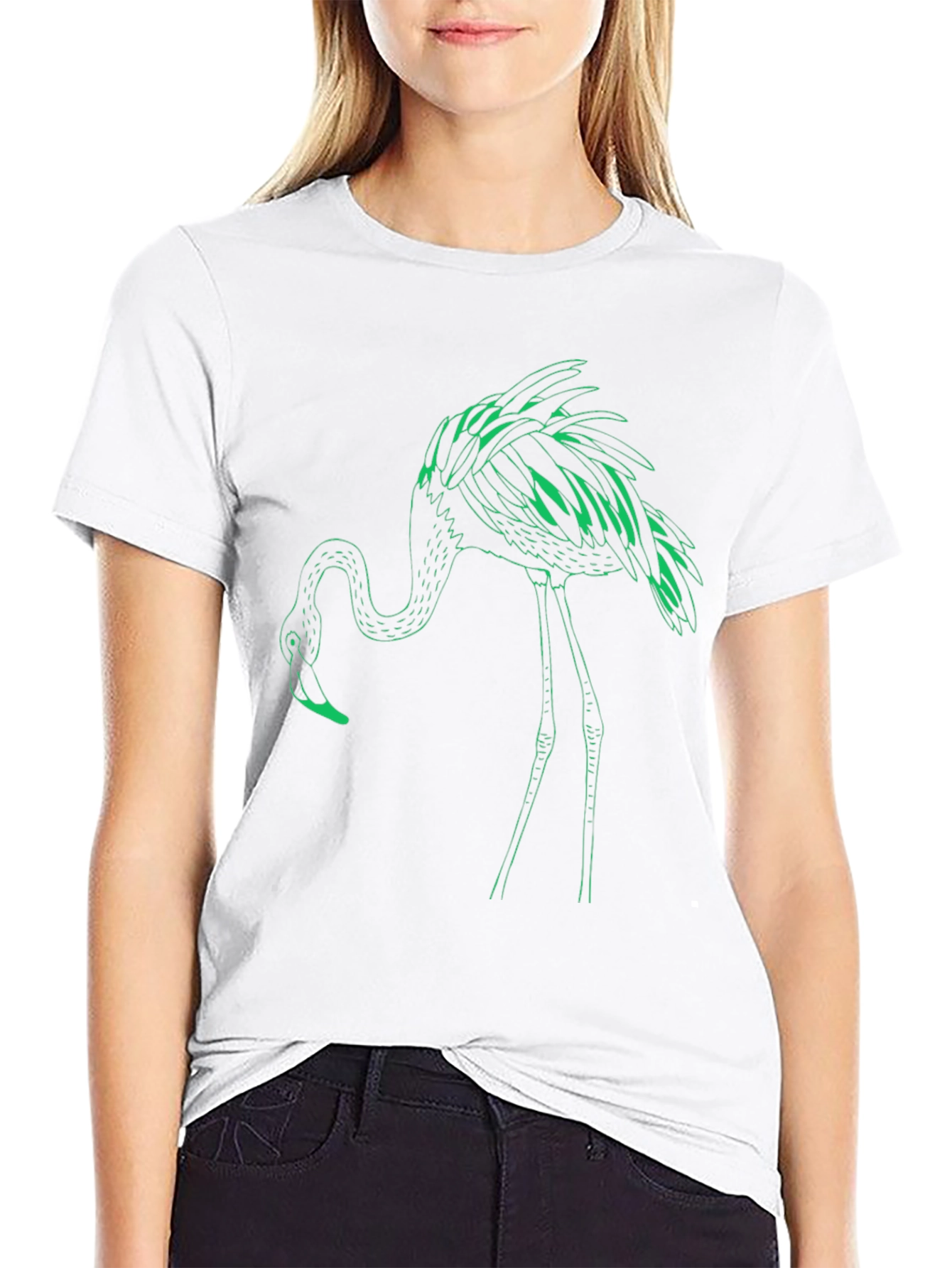 Black T-Shirt with Green Flamingo Design
