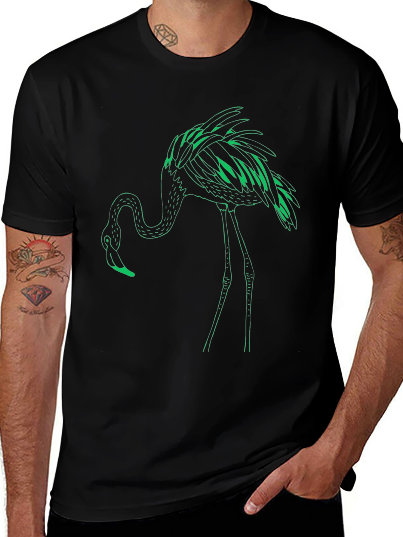 Black T-Shirt with Green Flamingo Design