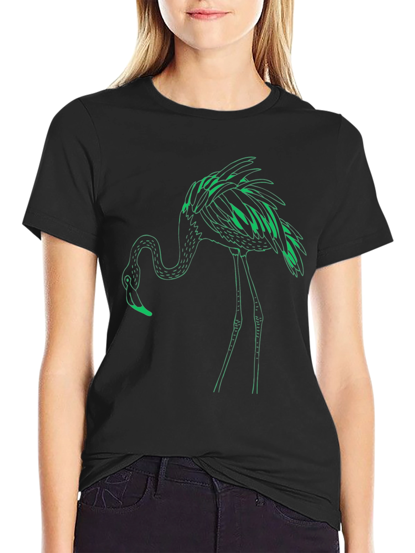 Black T-Shirt with Green Flamingo Design