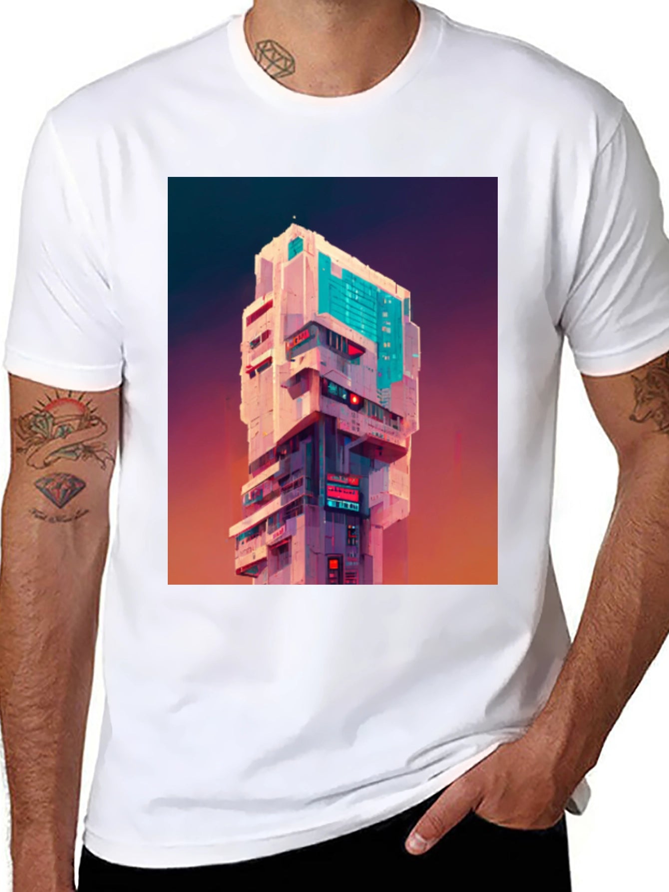 Cyberpunk Building Graphic Tee - Black T-Shirt
