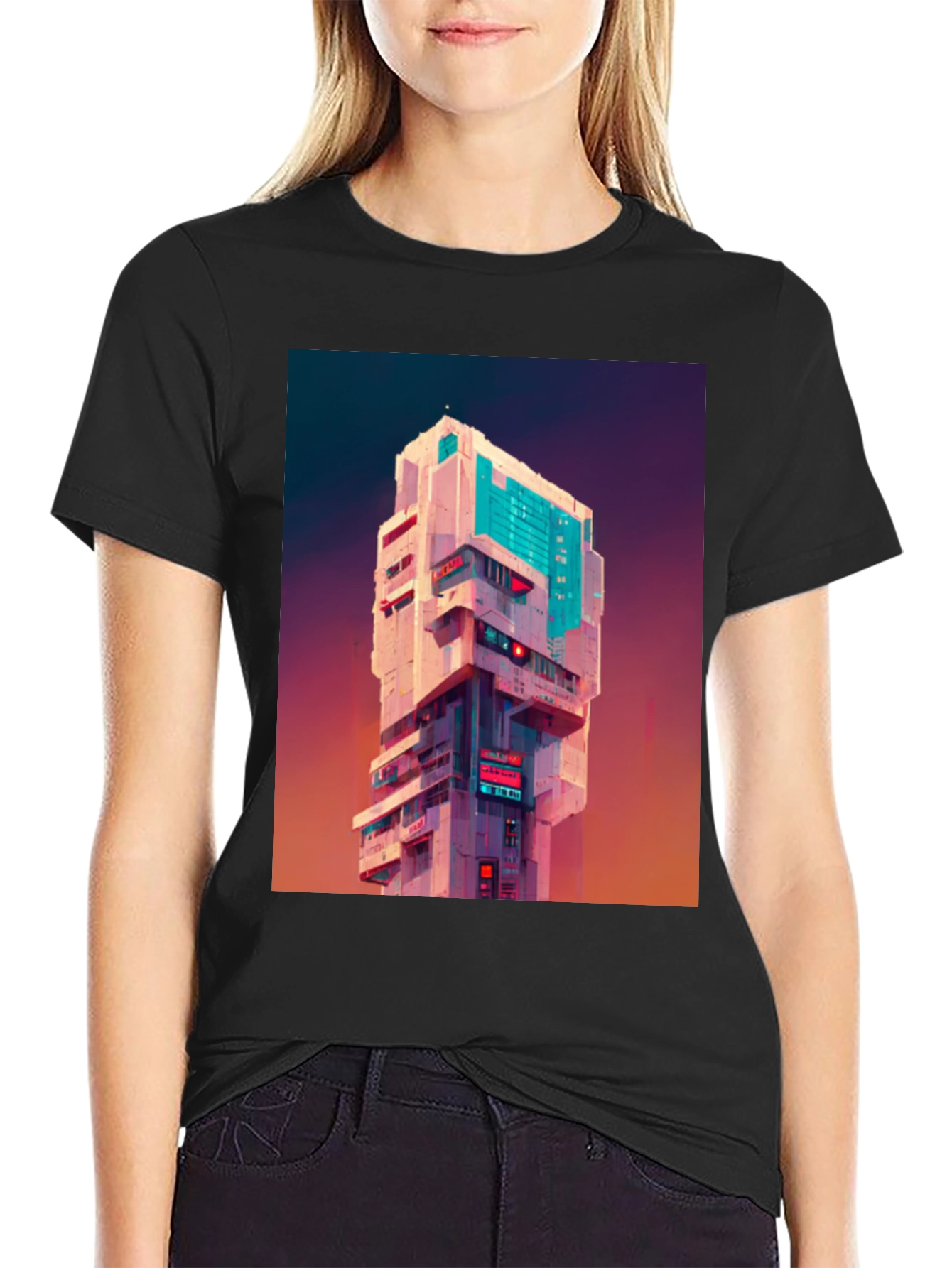 Cyberpunk Building Graphic Tee - Black T-Shirt