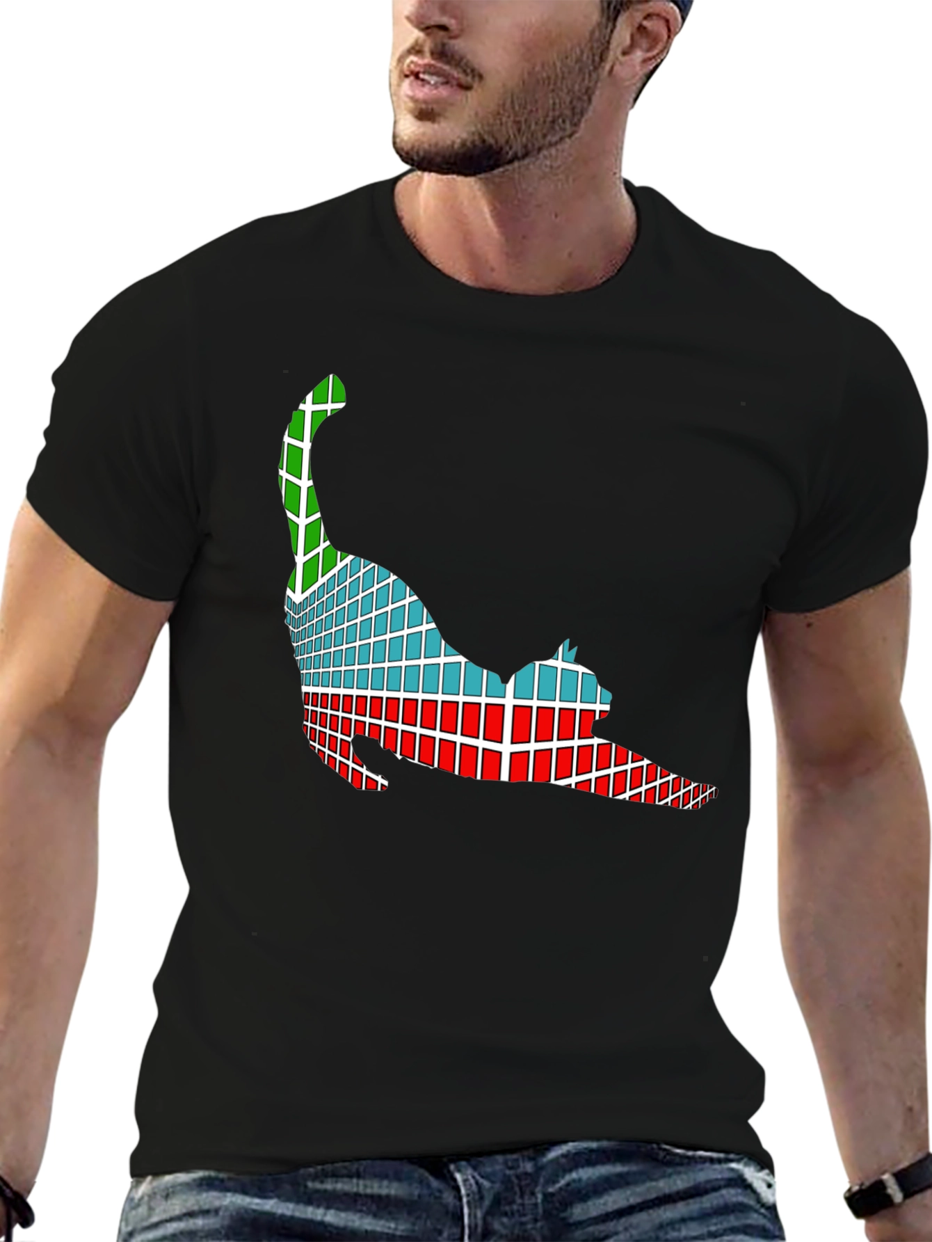 Abstract Cat Graphic Tee - Soft Black Cotton T-Shirt