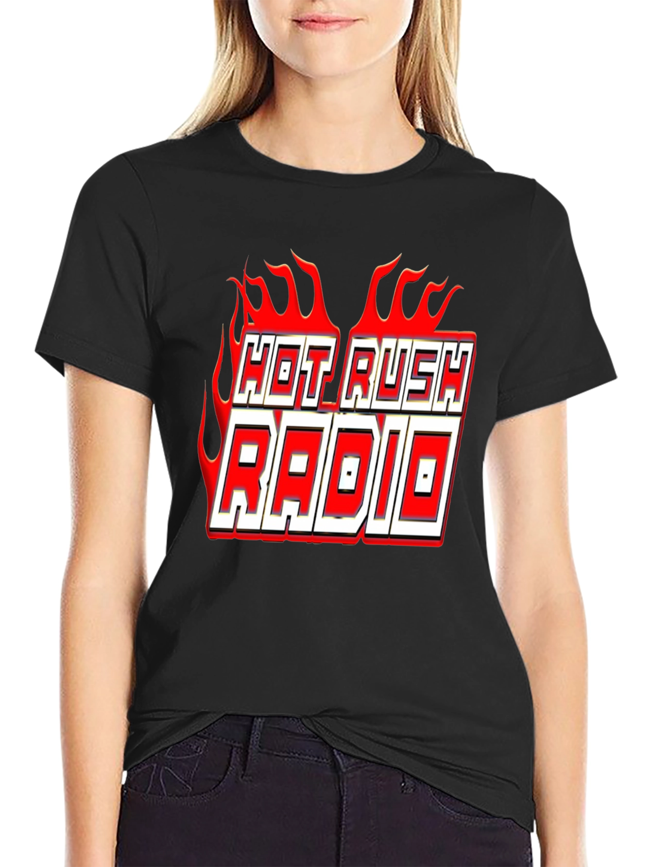Hot Rush Radio Flame Graphic Black T-Shirt